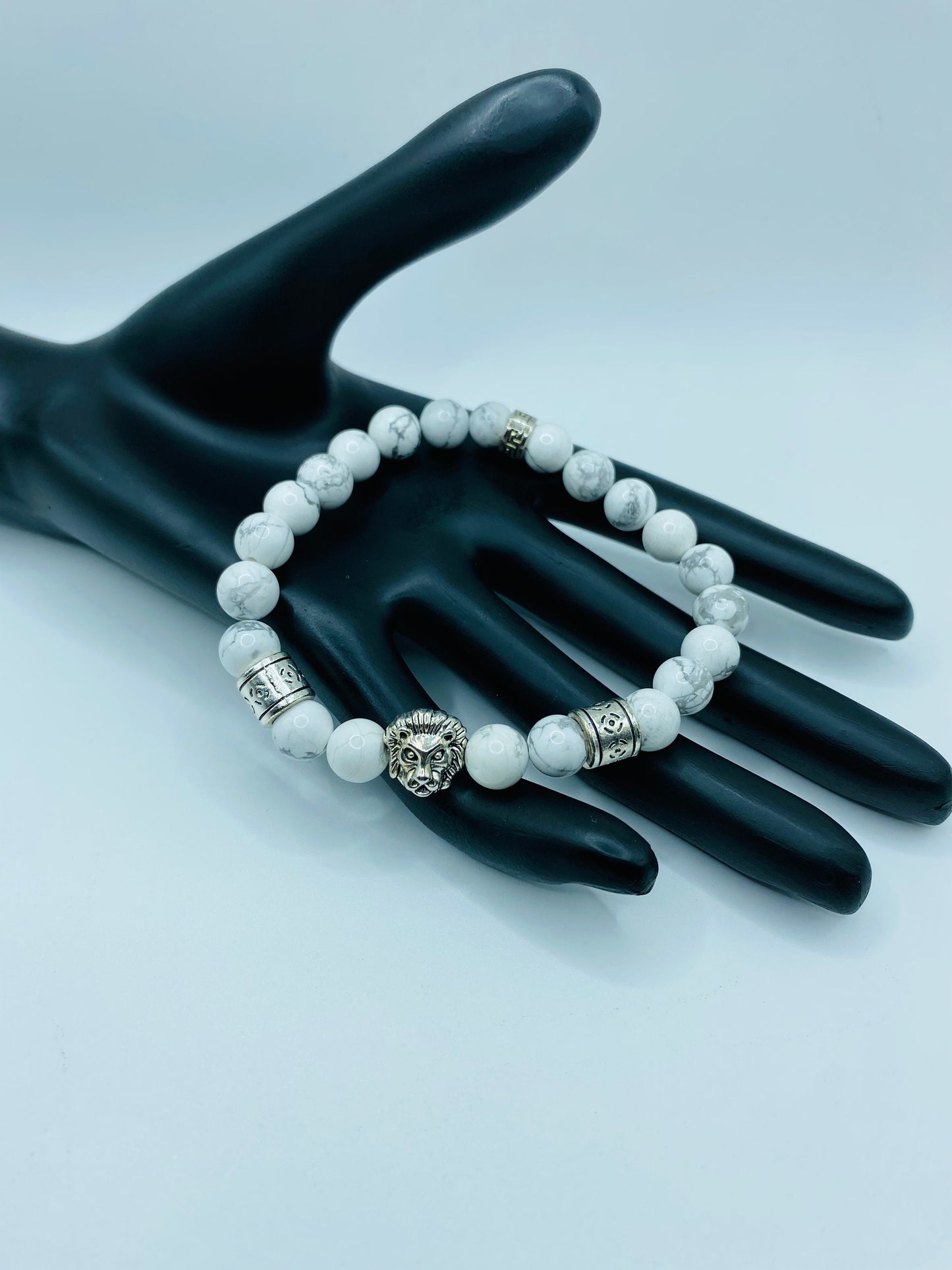 Mens Howlite Bracelet: Lion Charm, Tibetan Silver Spacers