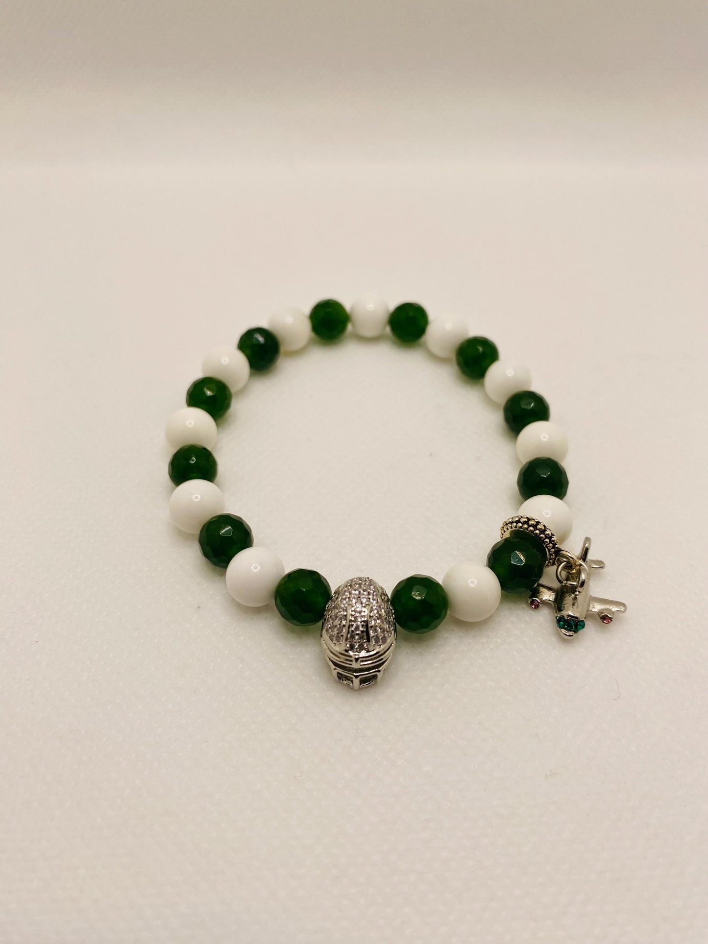 New York Jets Jade Beaded Bracelet: Football Helmet & Airplane Charm