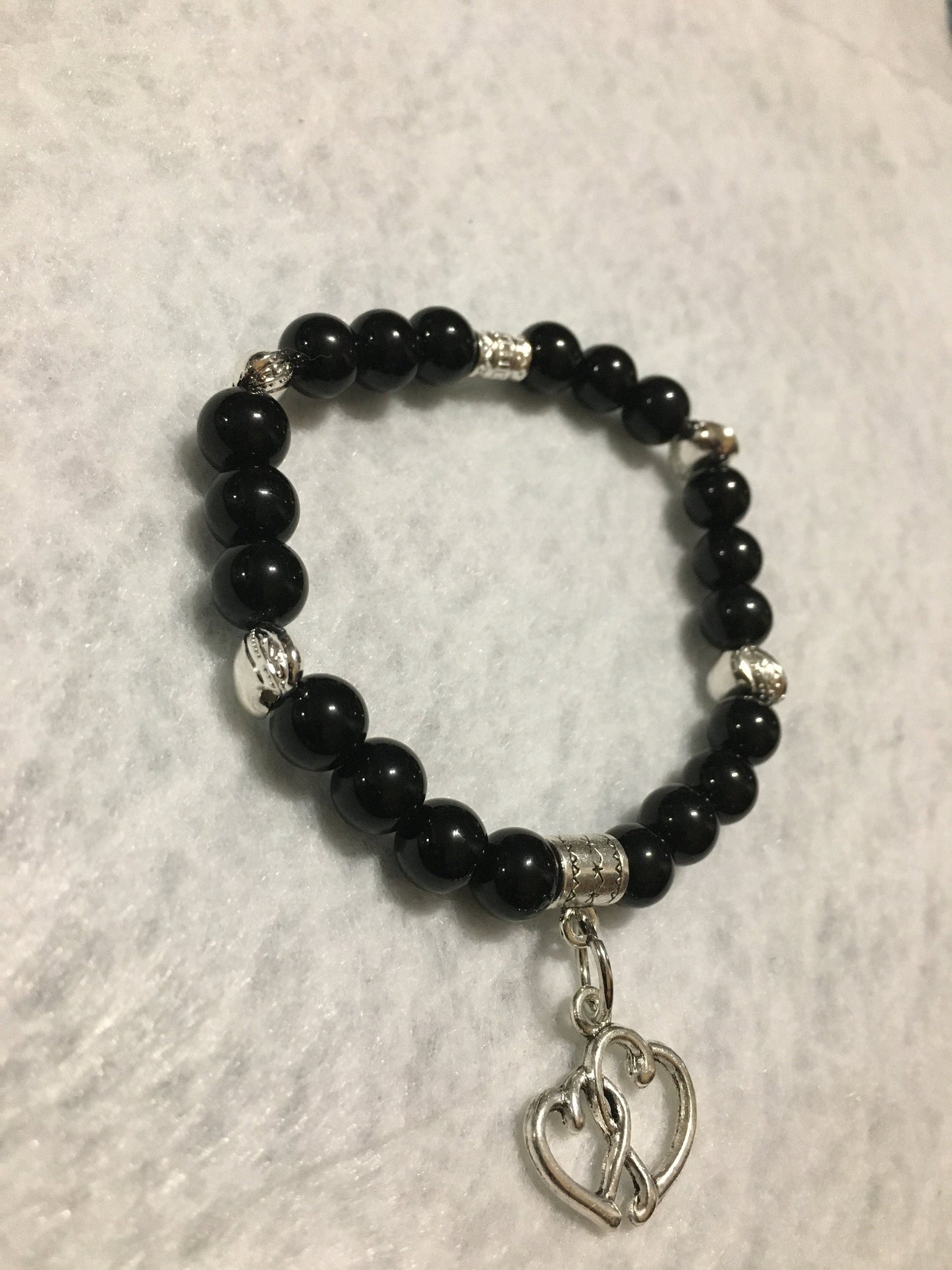 Black Tourmaline Bracelet with Intertwined Heart Charm