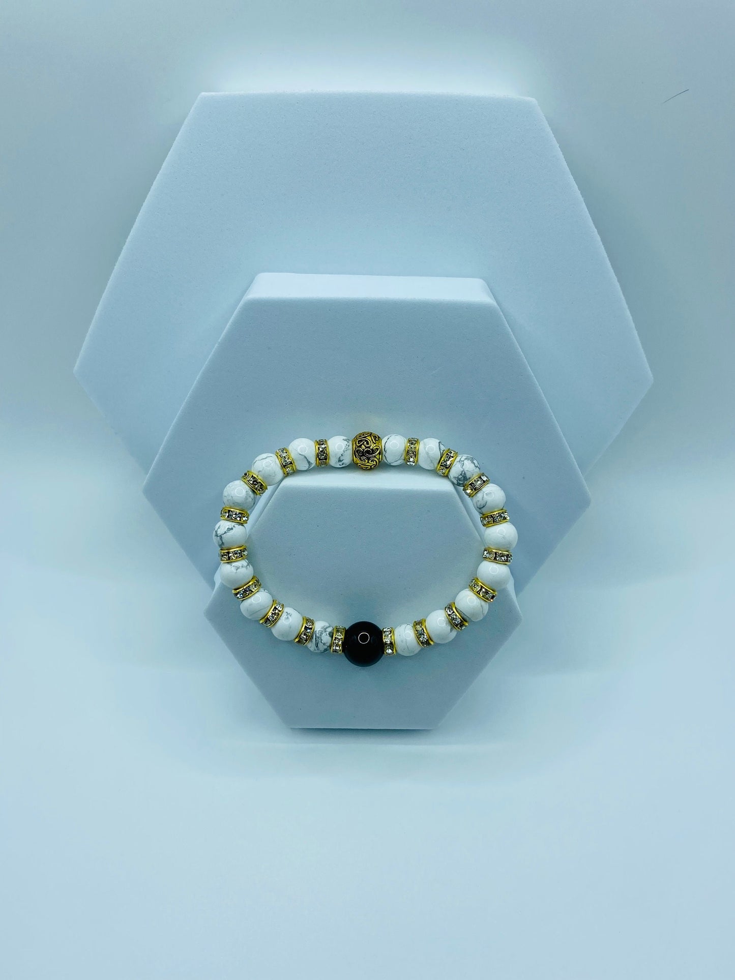 Mens Black Onyx & Howlite Gemstone Bracelet with Rhinestones