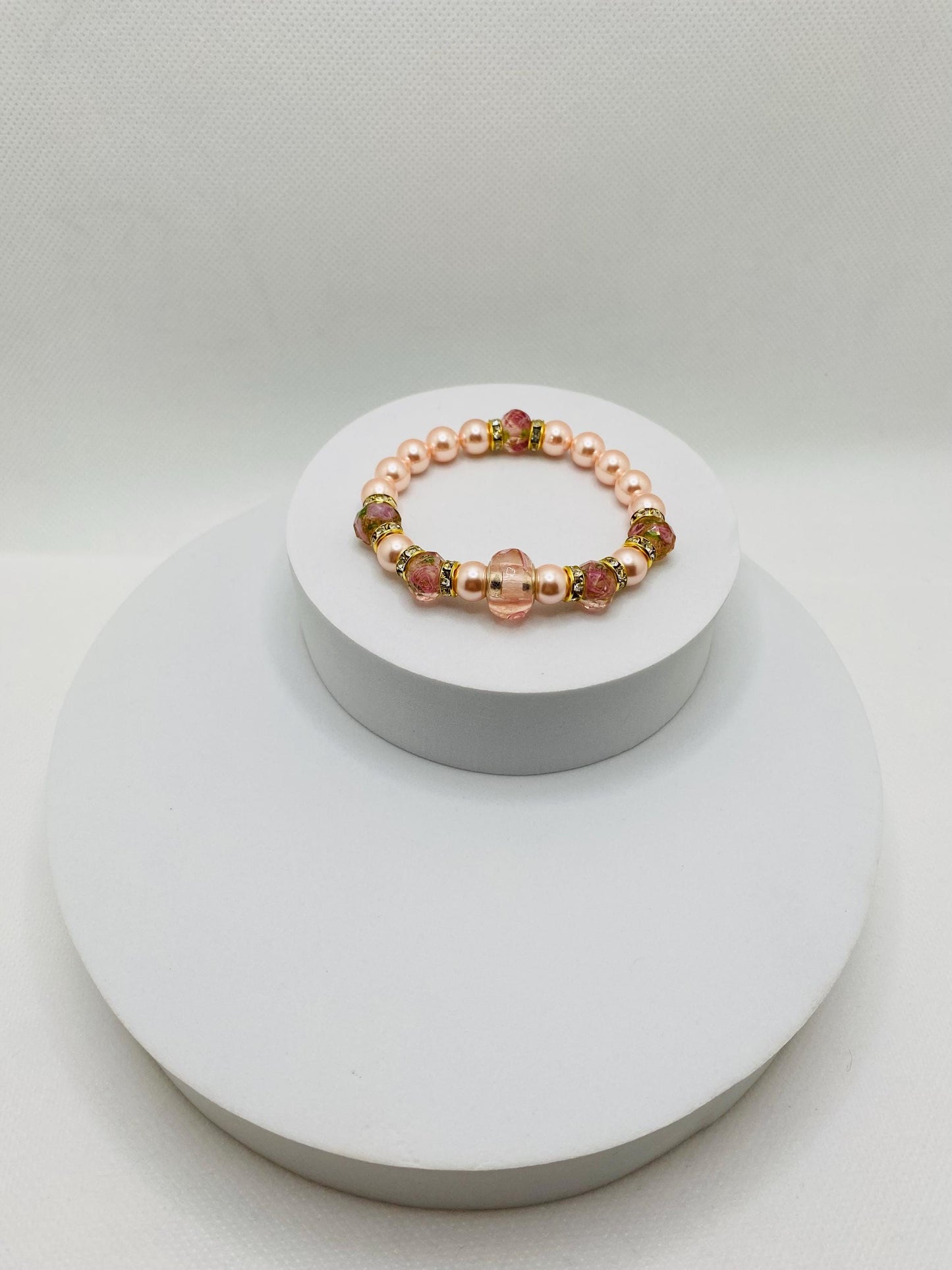 Pink Lampwork Glass & Mother of Pearl Bracelet: Rhinestone Rondelles