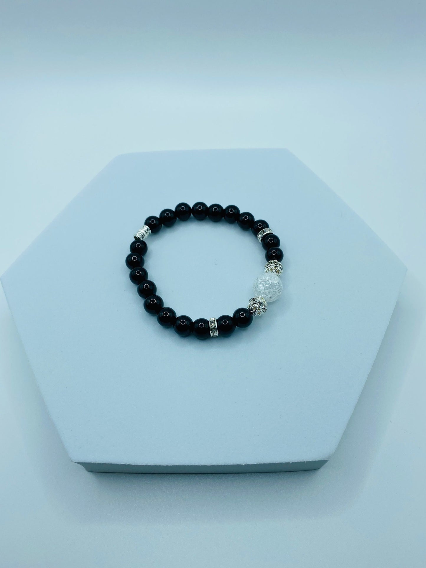 Handmade Black Onyx Bracelet: Crackle Quartz Crystal, Silver Accents
