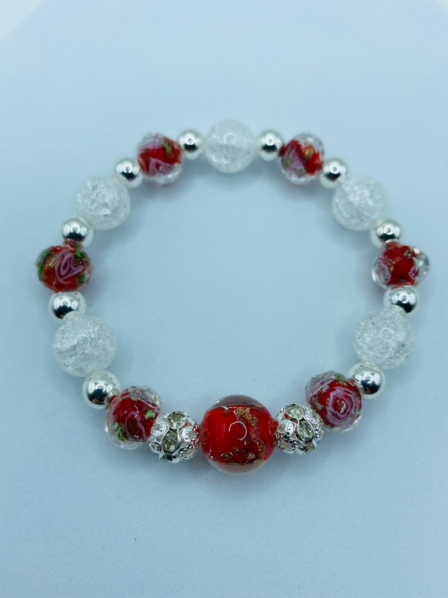 Lampwork Floral Glass Bead Bracelet: Crystal Quartz & Hematite