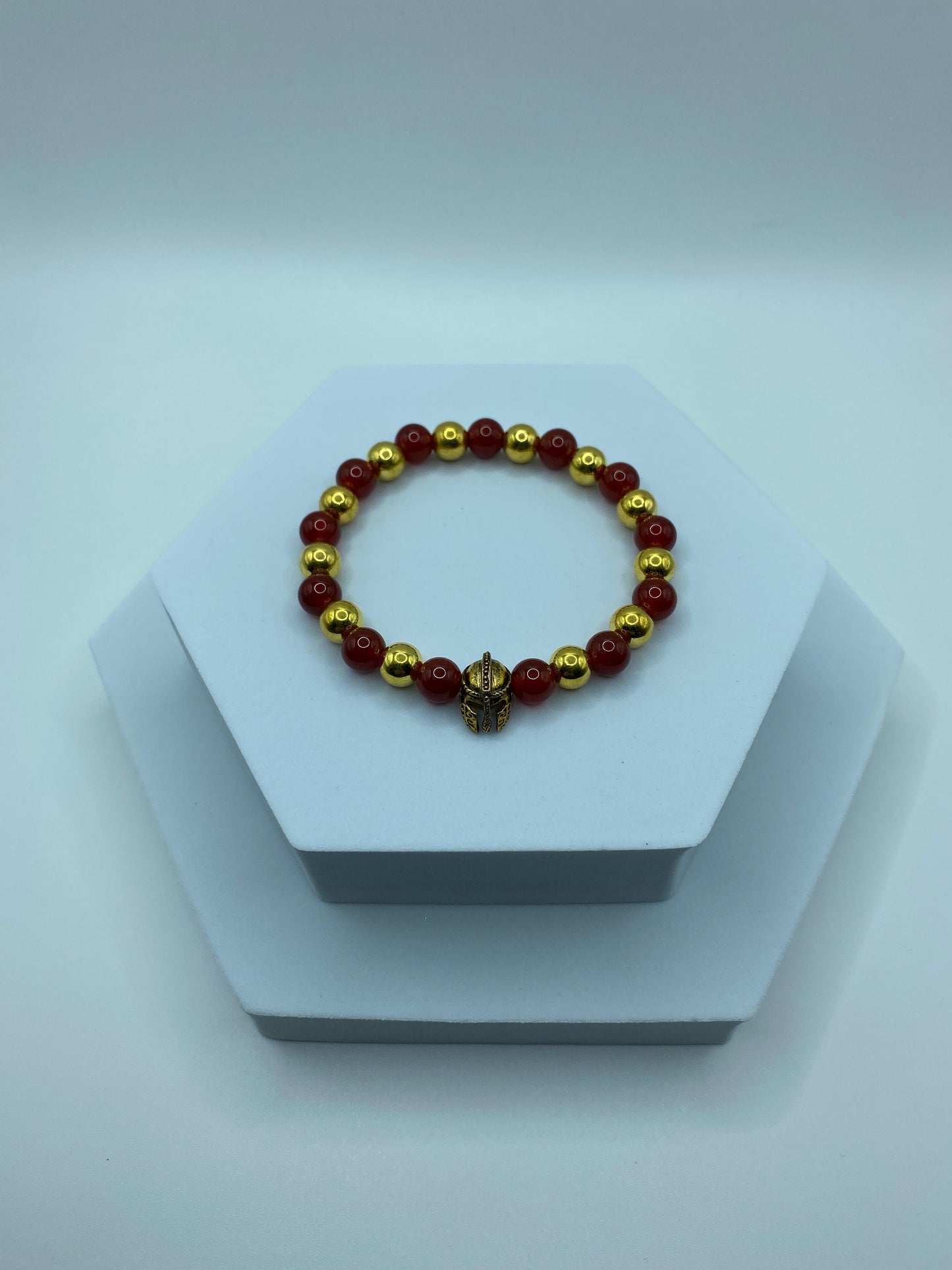 USC Trojans Bracelet: Red Carnelian & Gold Spartan Helmet Beaded Bracelet