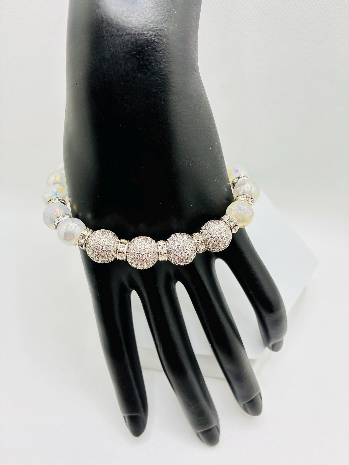 Brass Rhinestone & Zircon Beads White Gold and Snow Quartz Gemstone Bracelet: Silver Plated Rondelles