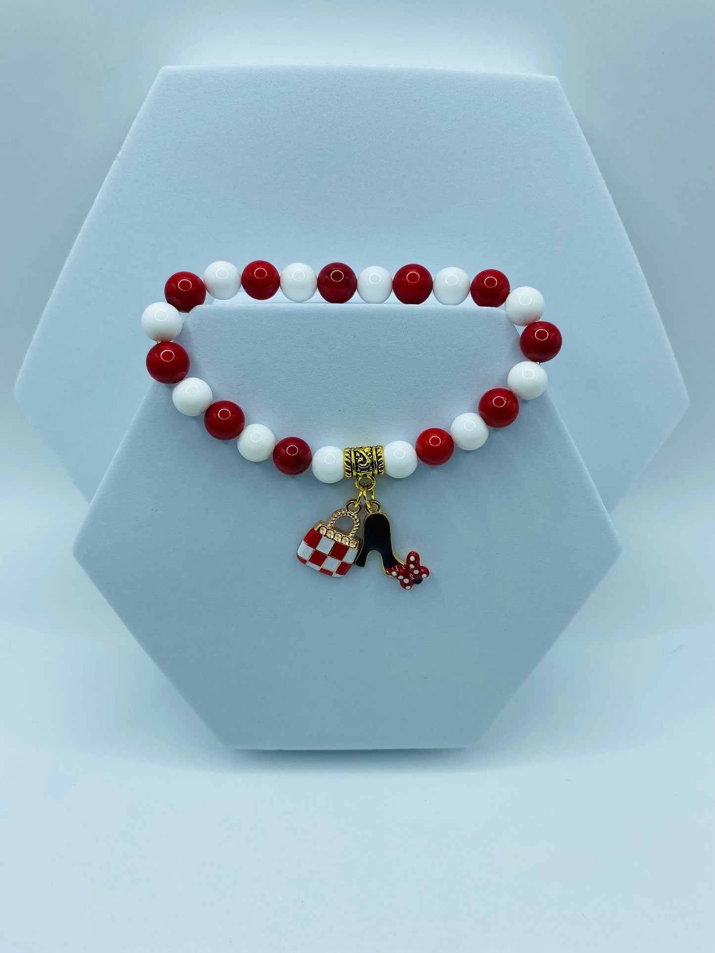 Charm Bracelets with Purse Charm & Shoe Charms - Red Coral, White Porcelain Gemstone Beads - Gifts for Her
