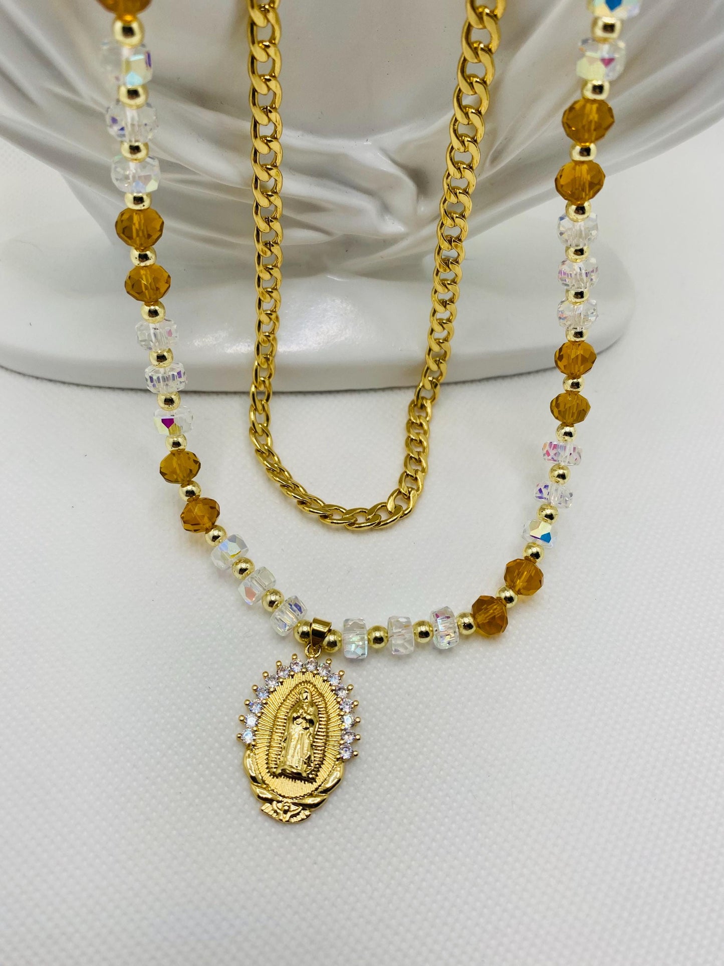 Virgin Mary Necklace: Gold Cuban Link Chain, Crystal Beads Religious Jewelry