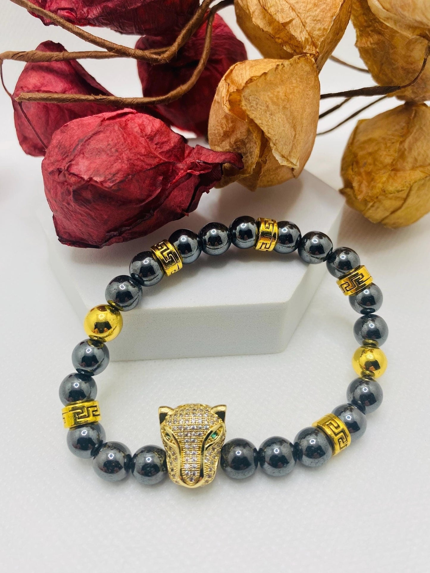 Black Hematite Bracelet: Gold Panther Bead Charm, Unisex Jewelry