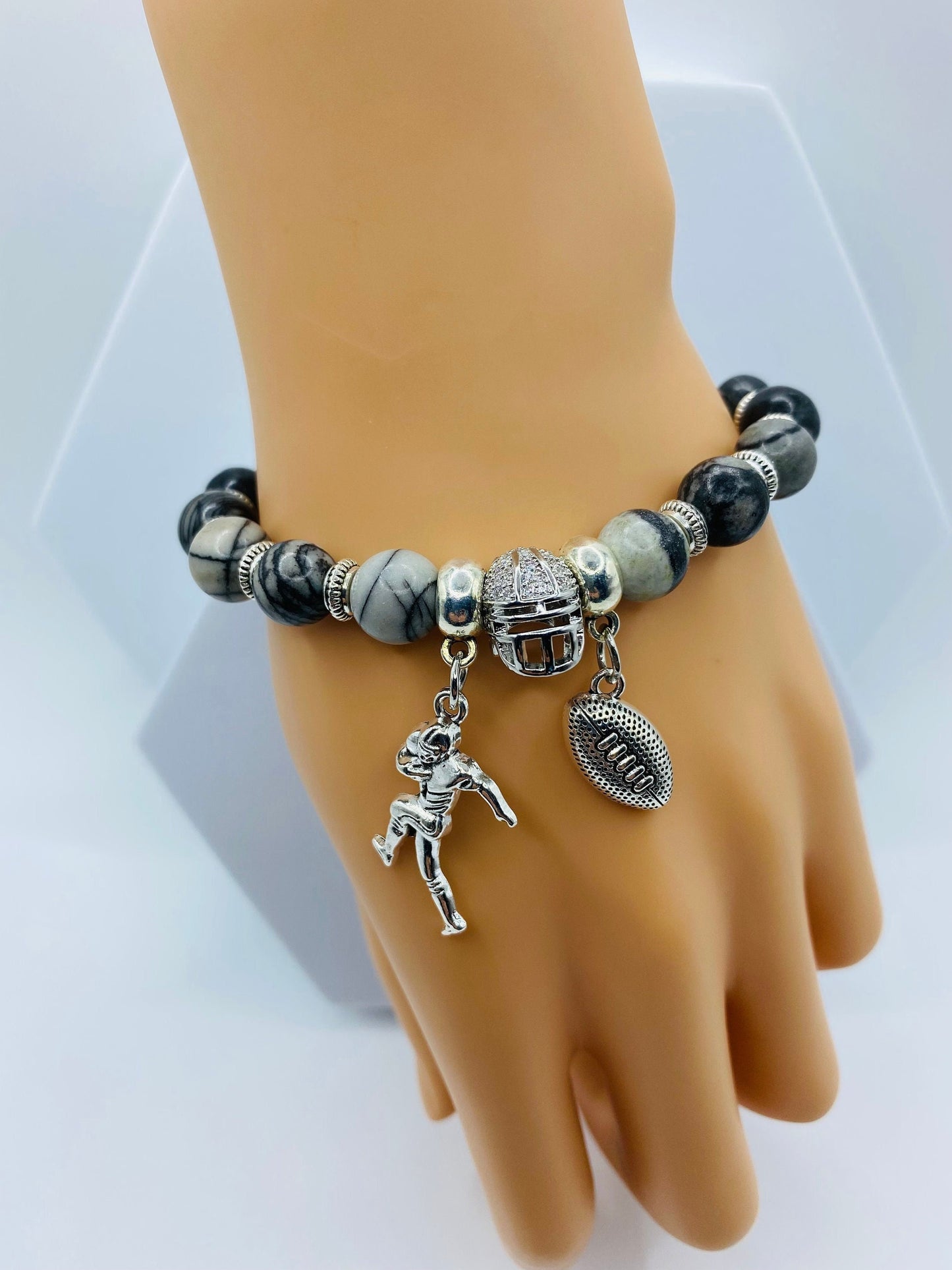 Las Vegas Raiders Charm Bracelet for Men, Womens Bracelet Football Mom, Jasper Gemstone Beads