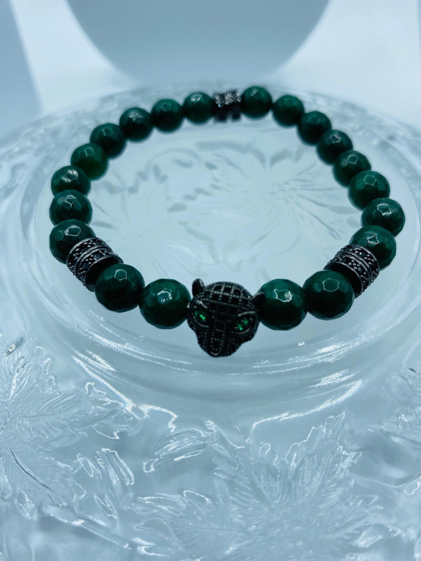 Emerald Green Jade Bracelet: Black Panther Charm, Rhinestone Spacers