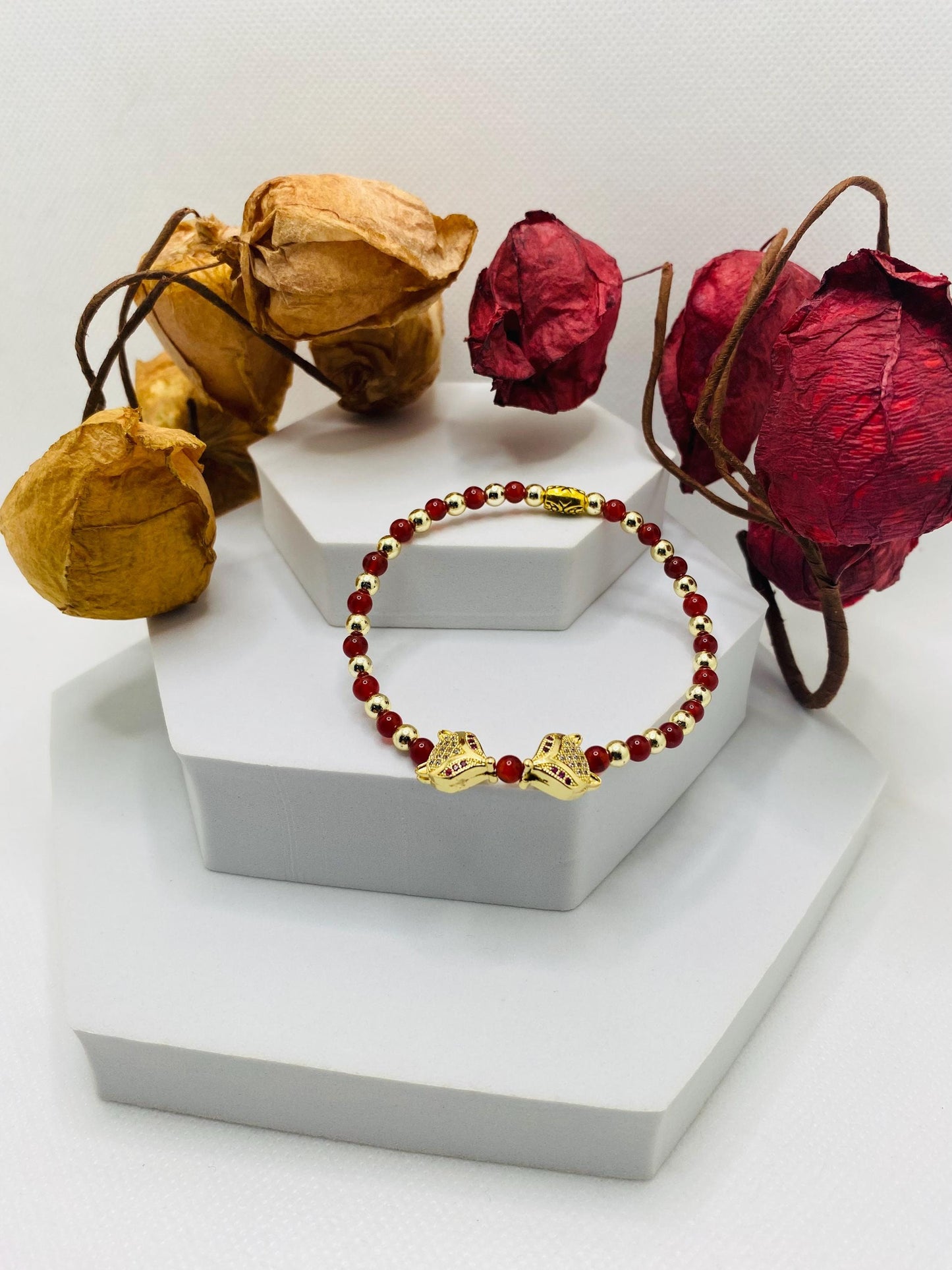 Fox Charm Bracelet: Carnelian, Gold Hematite & Cubic Zirconia