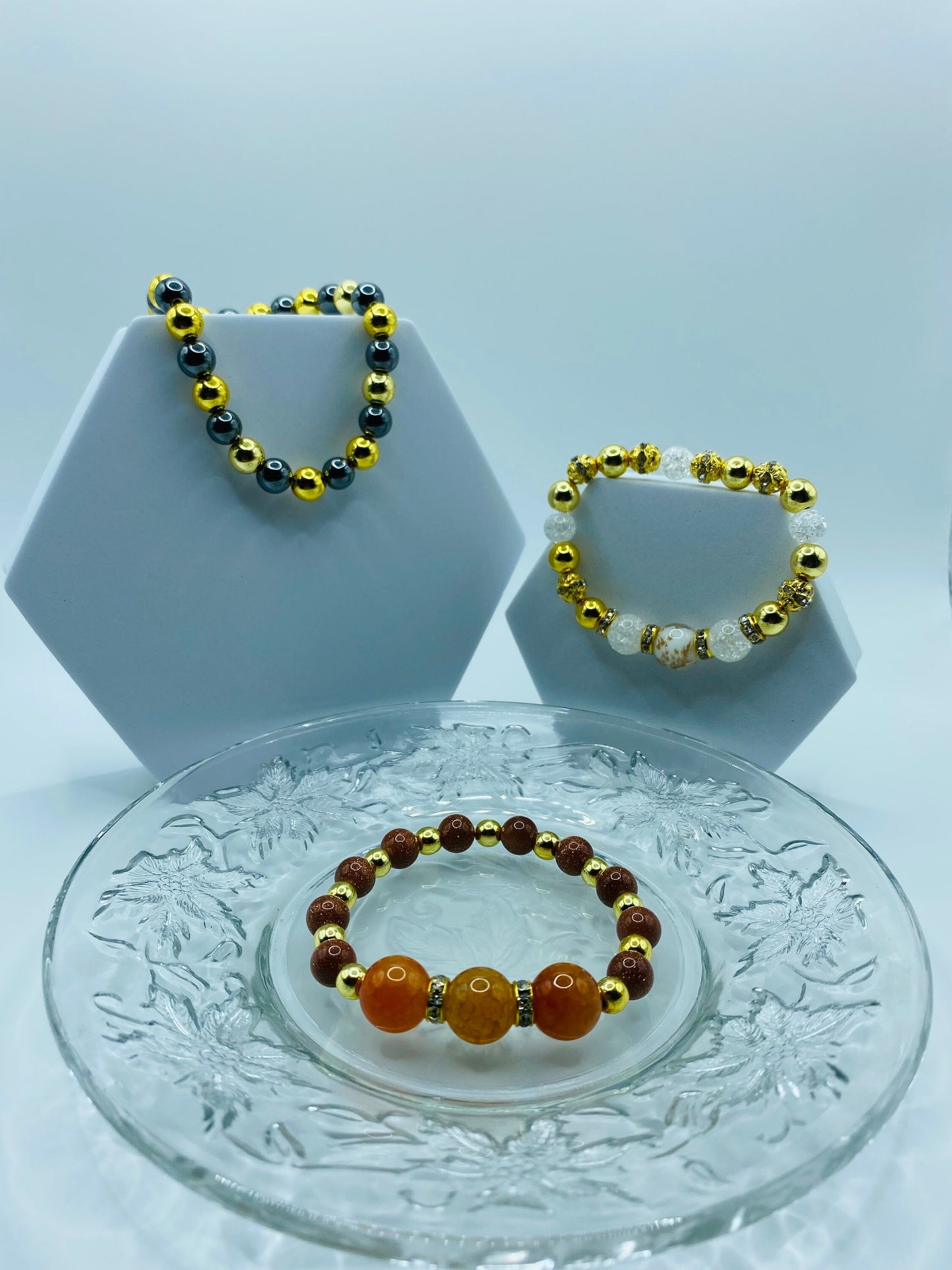 Handmade Orange Jade Bracelet: Goldstone & Gold-Plated Hematite Beads