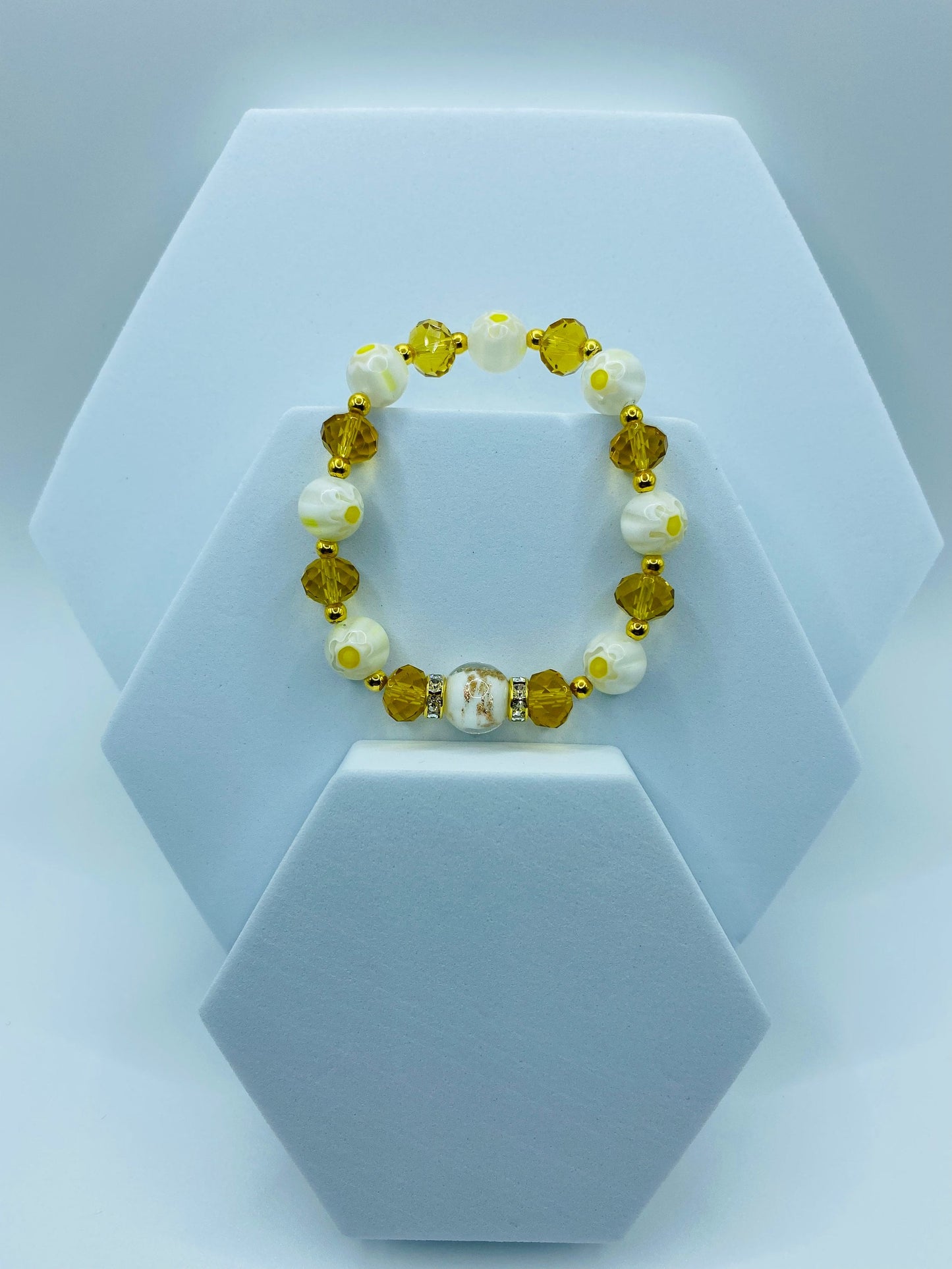 Lampwork Glass Bead Bracelet: Crystal & 18k Gold Hematite