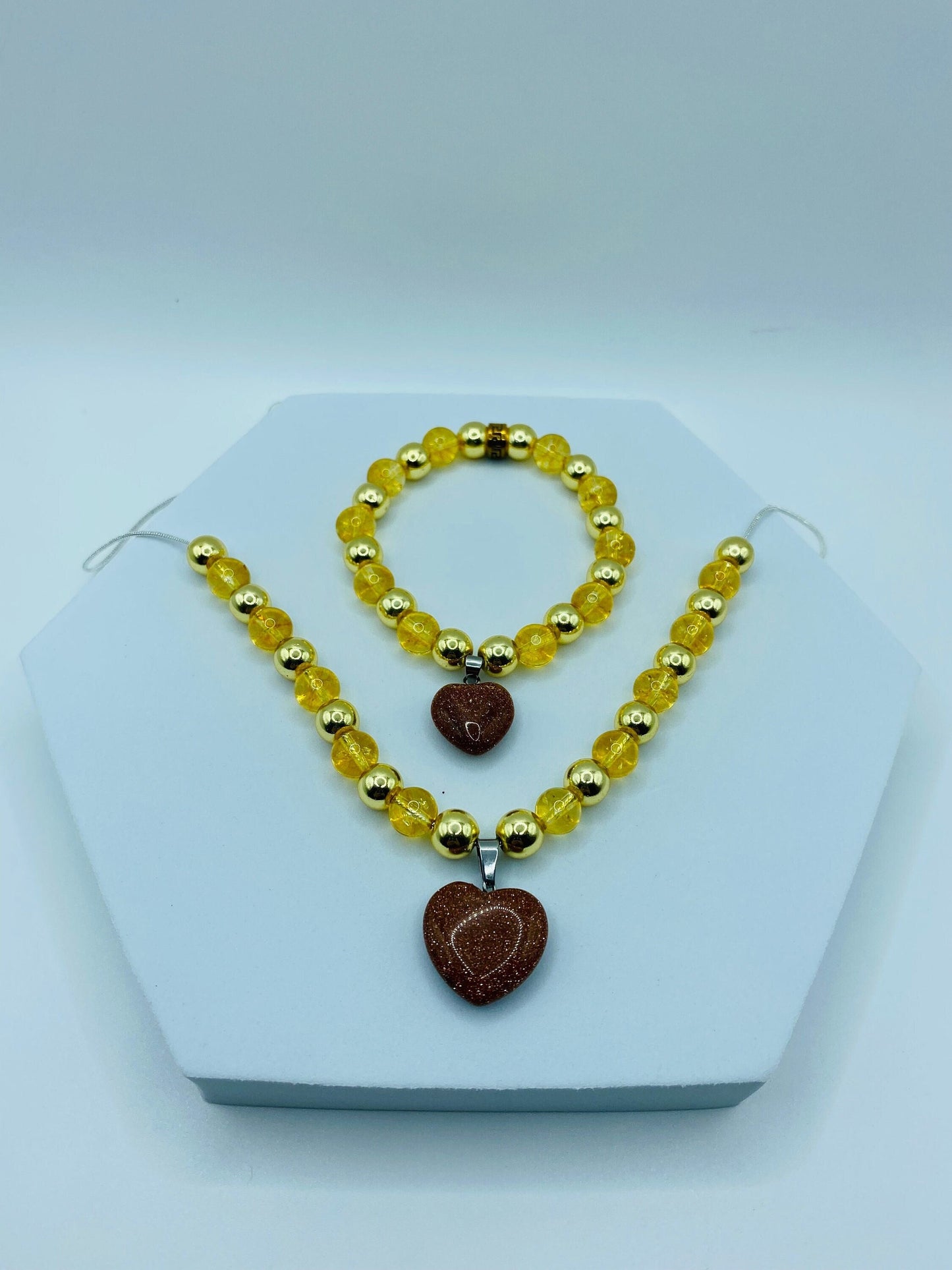 Womens Jewelry Citrine Necklace & Bracelet - Gold Hematite and Goldstone Heart Charms - Gifts for Women