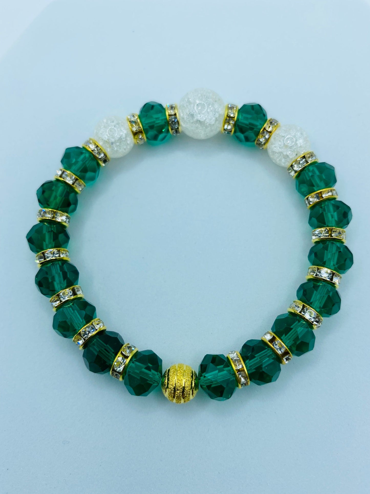 Emerald Green Crystal Bracelet: Crackle Quartz & Rhinestone Rondelles