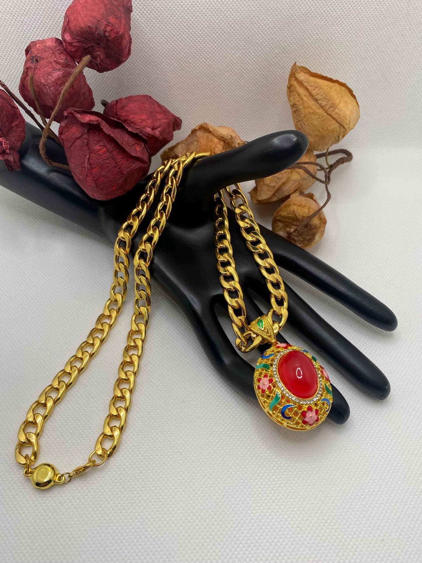 Red Agate Pendant Necklace: Gold Plated Cuban Link Chain Boho Jewelry