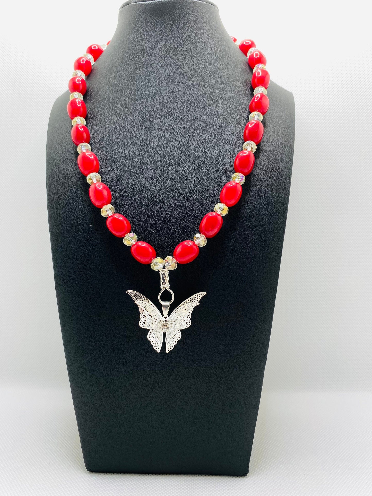 Red Jade Necklace: Silver Butterfly Pendant & Crystal Beads