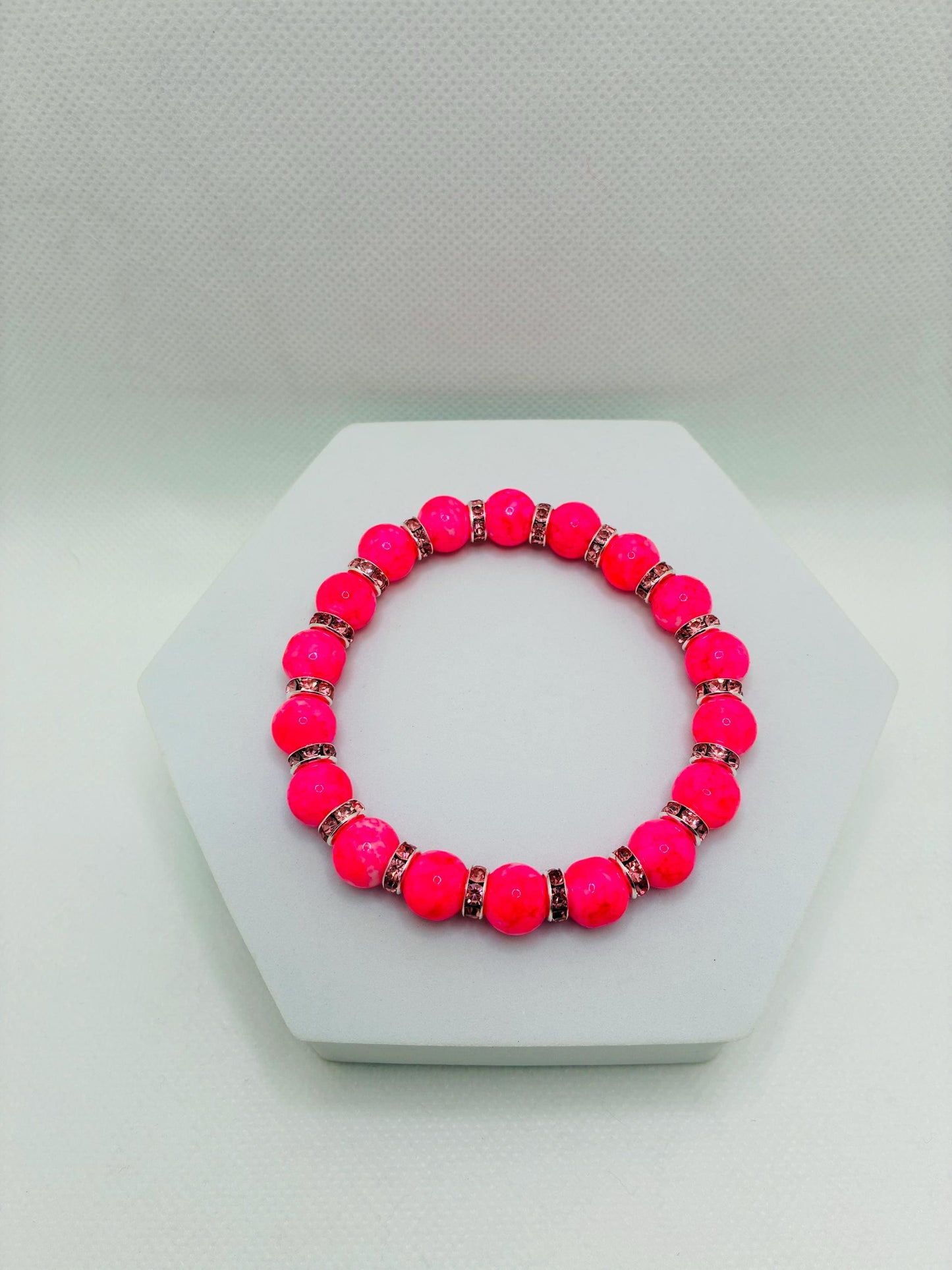 Hot Pink Crystal Glass Bead Bracelet with Silverplated Pink Rhinestone Rondelles
