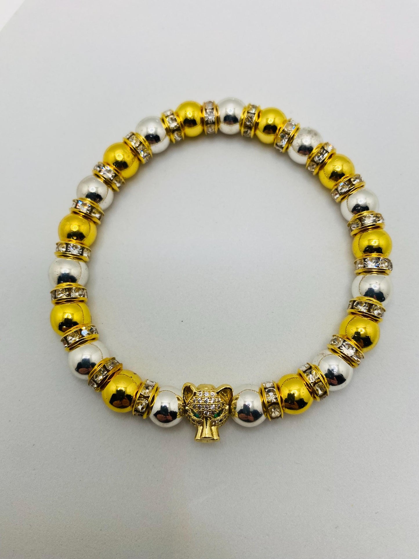 Tiger Charm Bracelet: Gold & Silver Hematite Beads, Cubic Zirconia