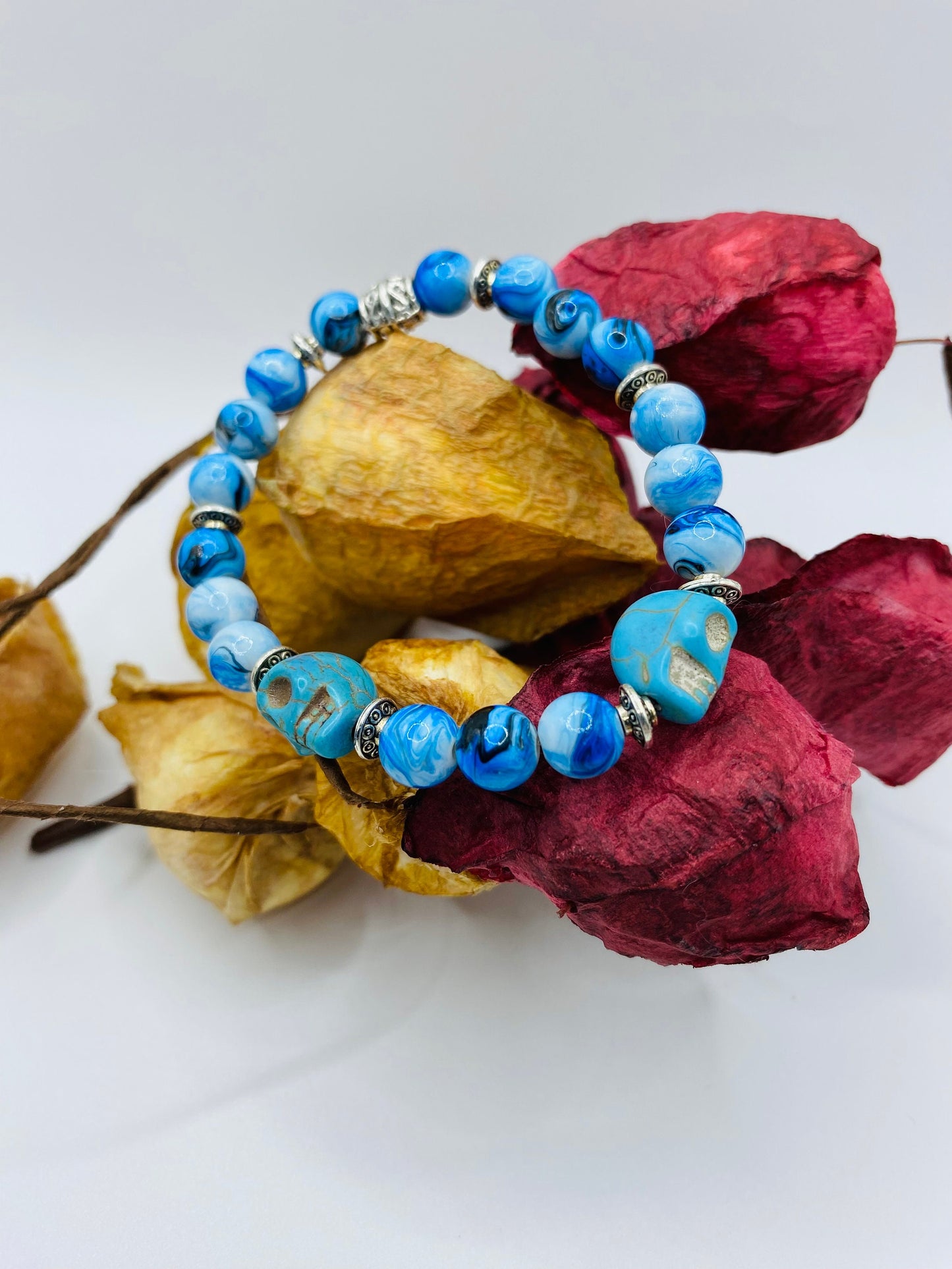 Dia de Los Muertos Bracelet: Turquoise Skull Beads, Halloween Jewelry