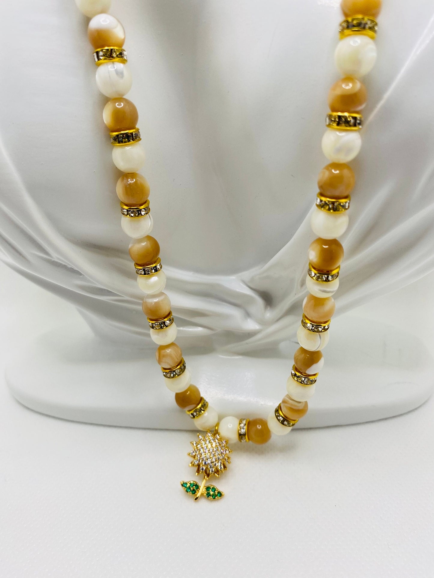 Handmade Mother of Pearl Necklace: CZ Sunflower Pendant