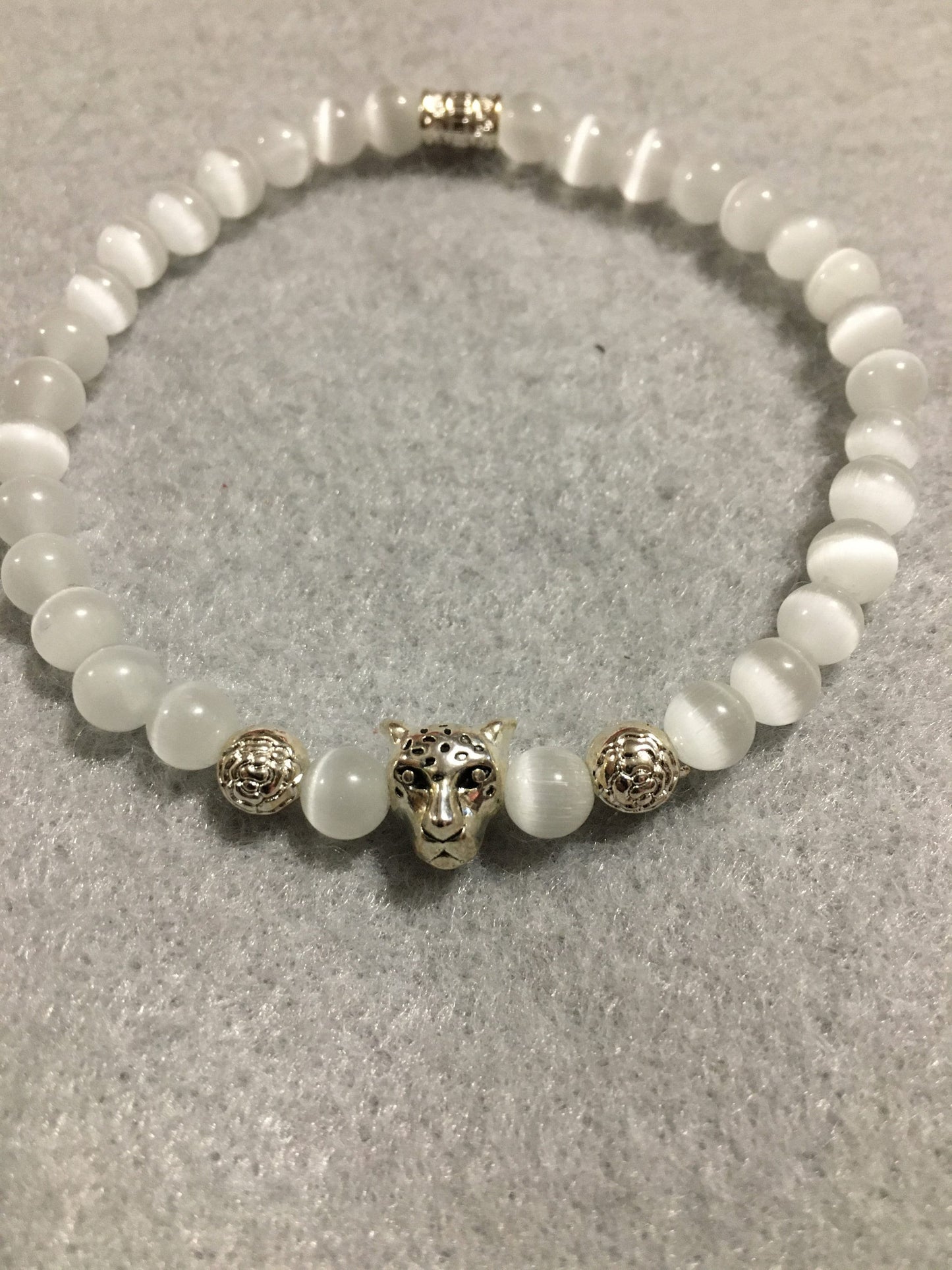 Leopard Charm Bracelet: White Cats Eye Bead, Silver Accents