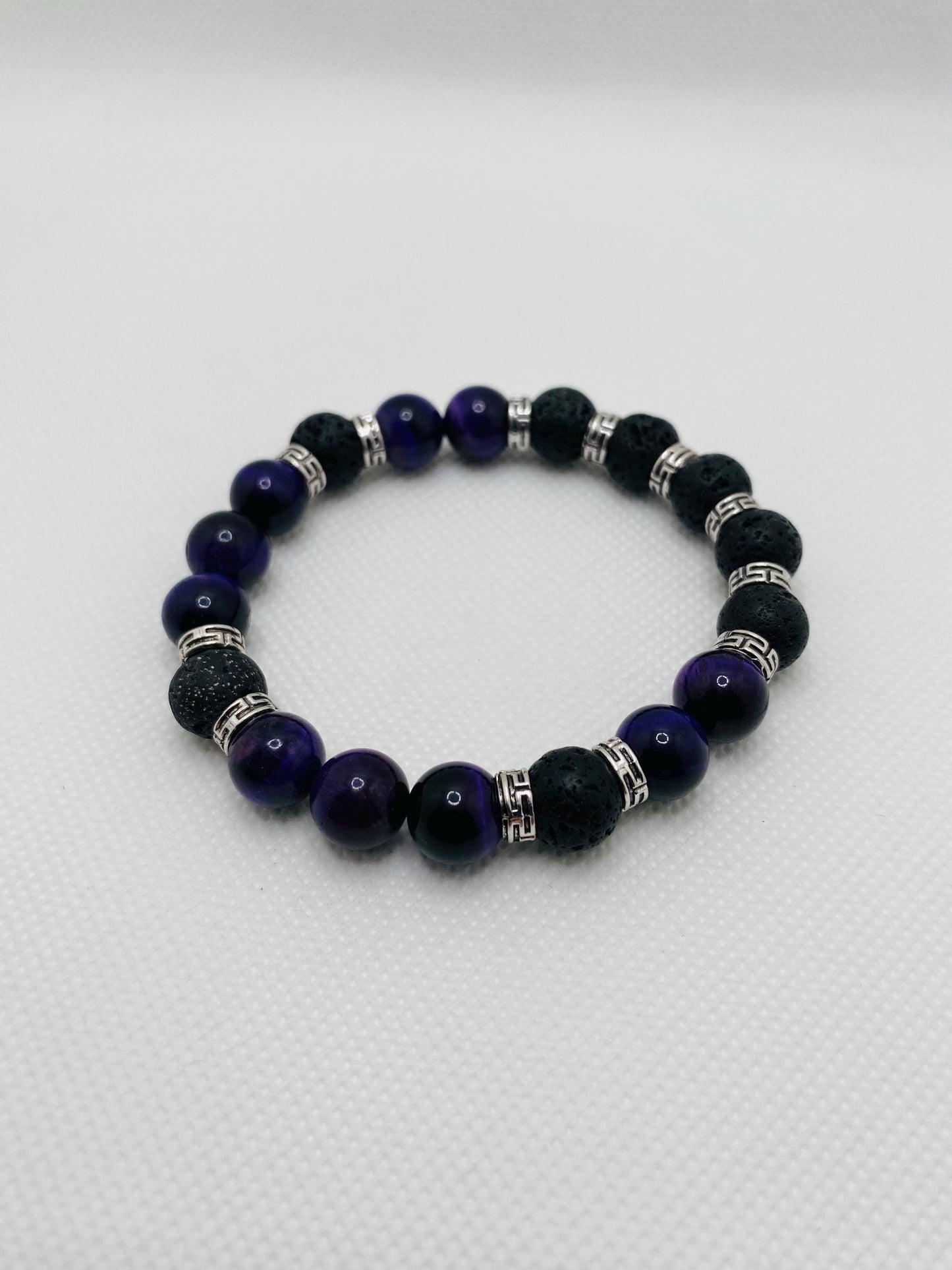 Mens Black Lava Rock & Purple Tiger Eye Bracelet: Tibetan Gemstone Jewelry