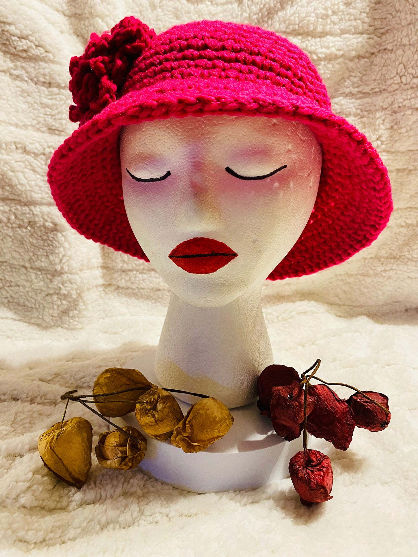 Hot Pink Crochet Bucket Hat with Flower: Handmade Acrylic Sun Hat