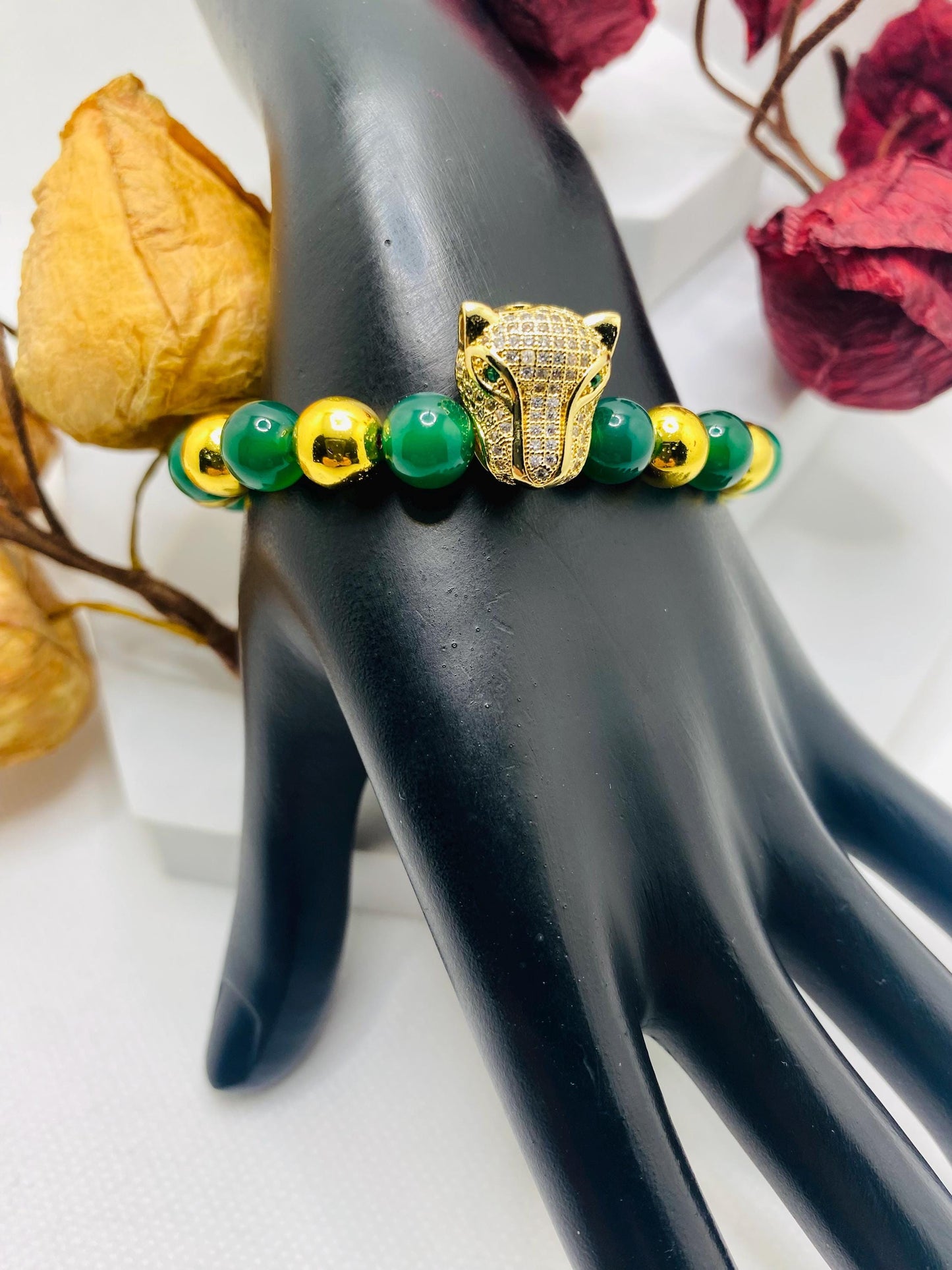 Jade & Hematite Bracelet: Gold CZ Panther Bead, Handmade