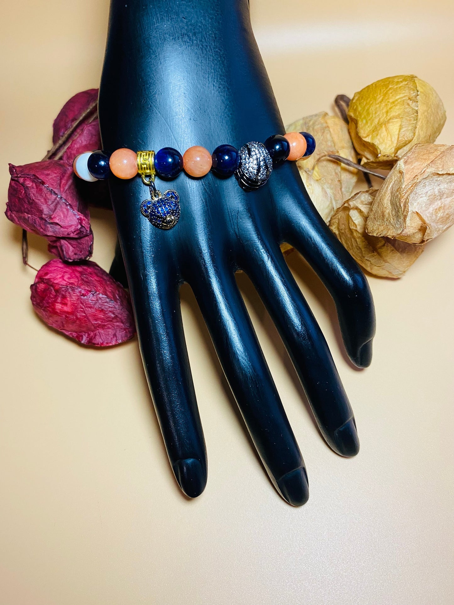 Chicago Bears Bracelet: Gemstone Beads, Bear & Football Helmet Charm