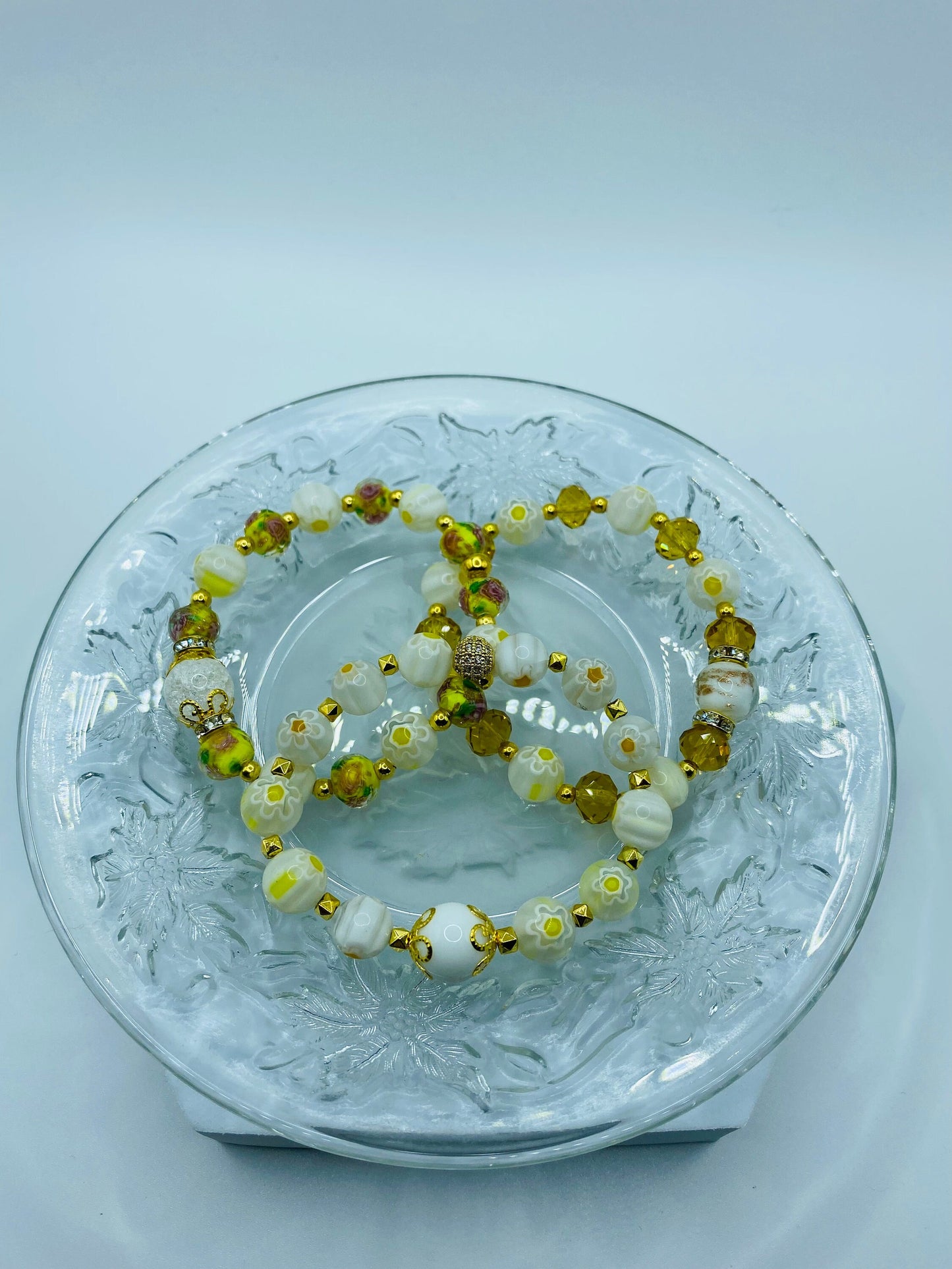 White Jade Bracelet: Millefiori Lampwork Glass Beads, 18k Gold-Plated Accents