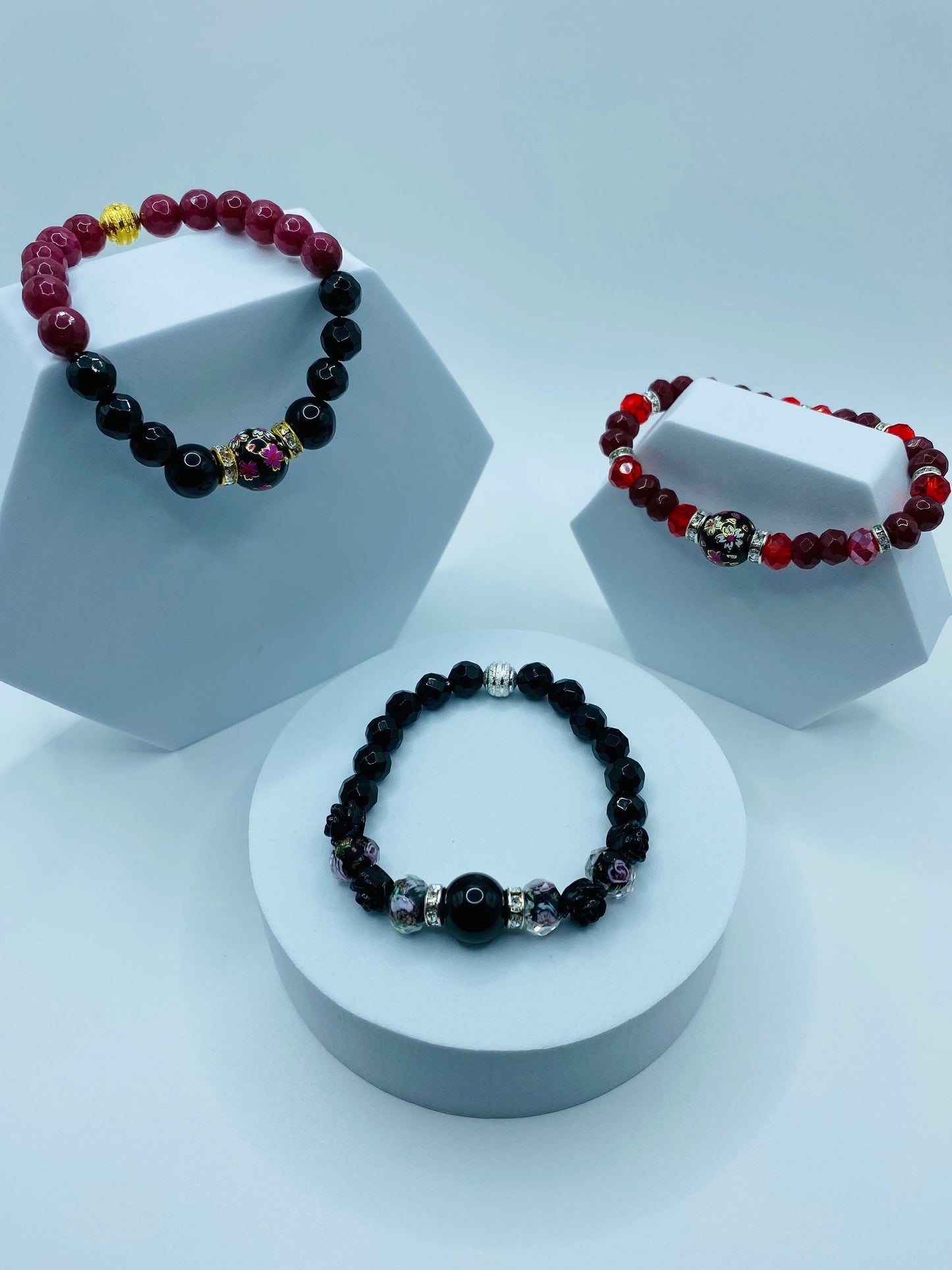 Black Onyx Bracelet: Lampwork Floral Glass Beads & Roses