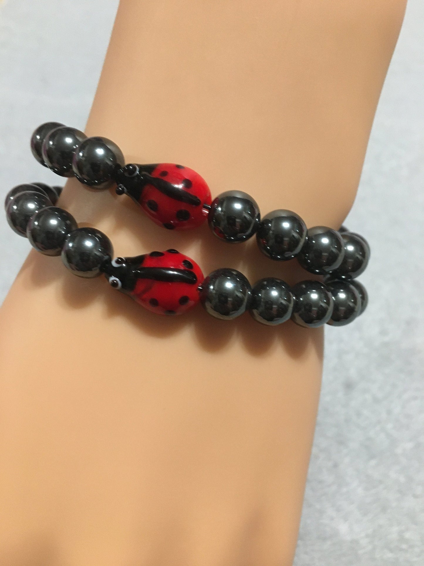 Mommy and Me Miraculous Ladybug Matching Bracelets - Hematite Gemstone Beads - Gifts for Mom
