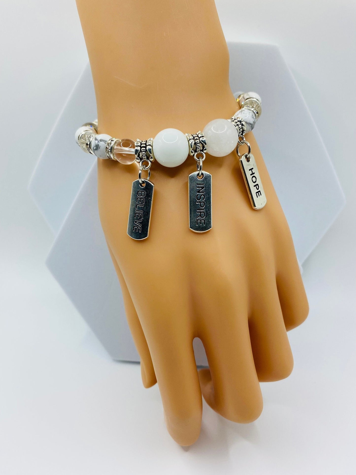 Inspirational Gemstone Bead Bracelet: Stainless Steel Word Charms