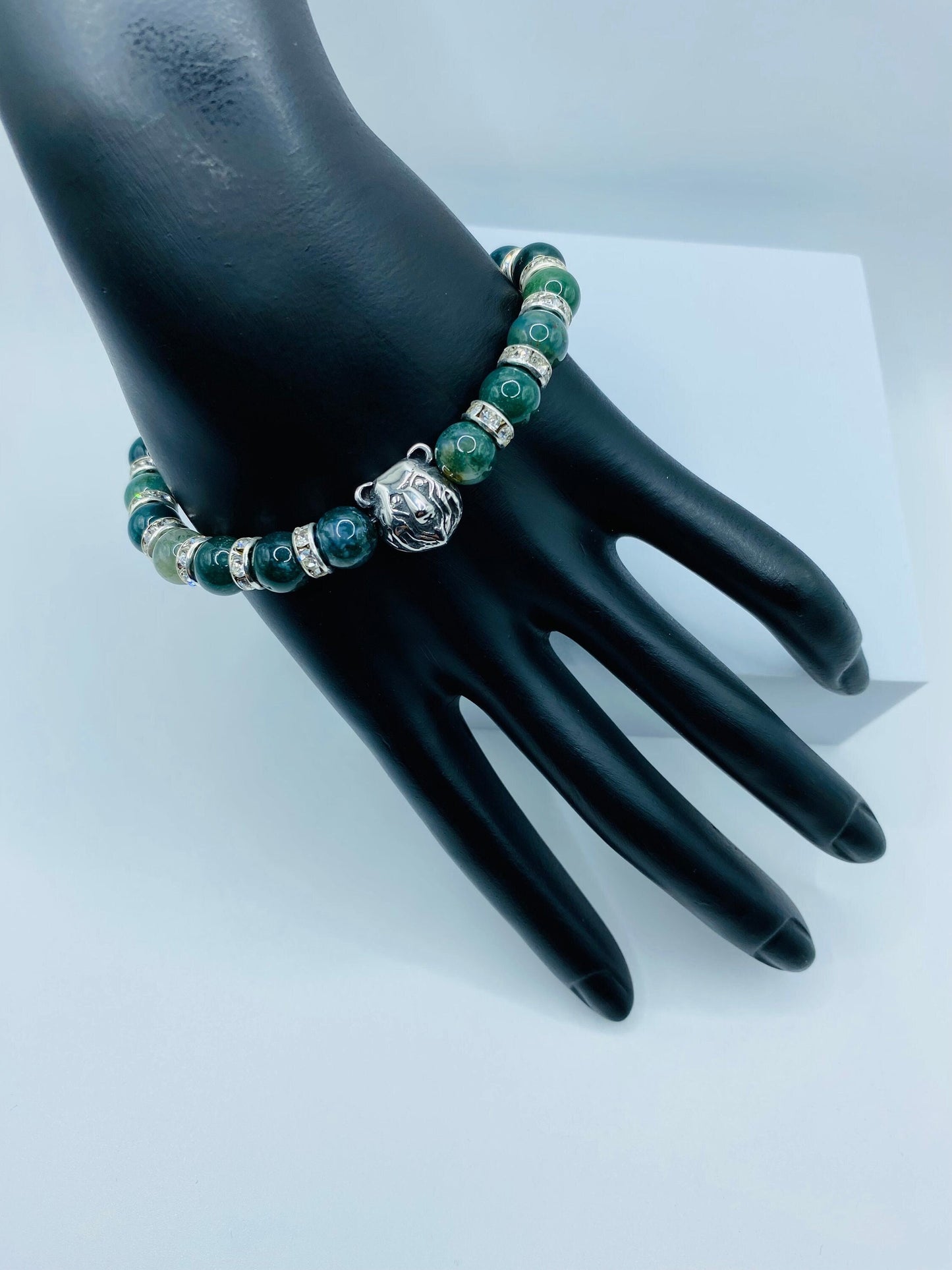 Mens Moss Agate Beaded Bracelet with Stainless Steel Bear Charm