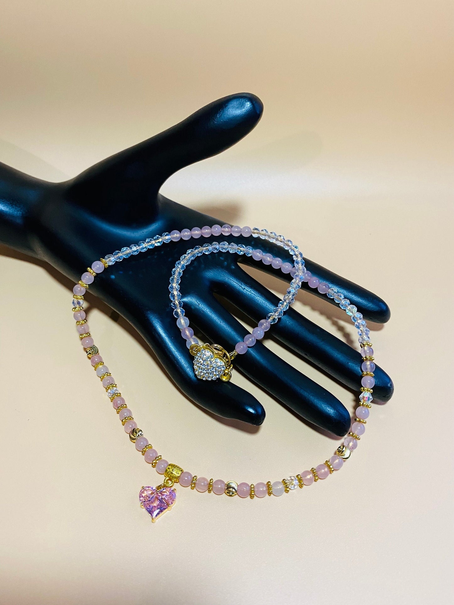 Pink Crystal Heart Pendant Necklace: Rose Quartz & Glass Beads