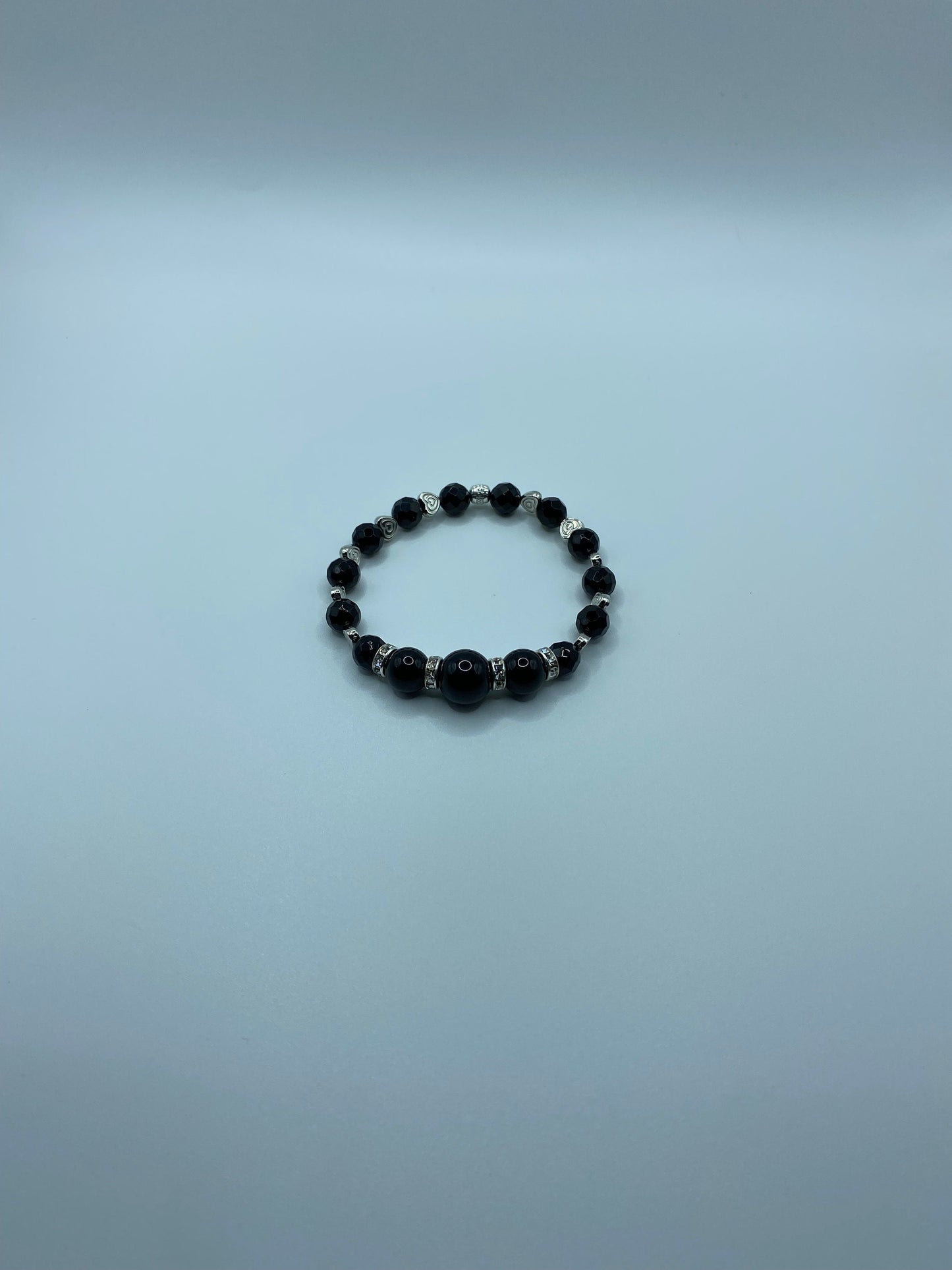 Black Onyx Bracelet: White Gold Heart Charm, Rhinestone Rondelles