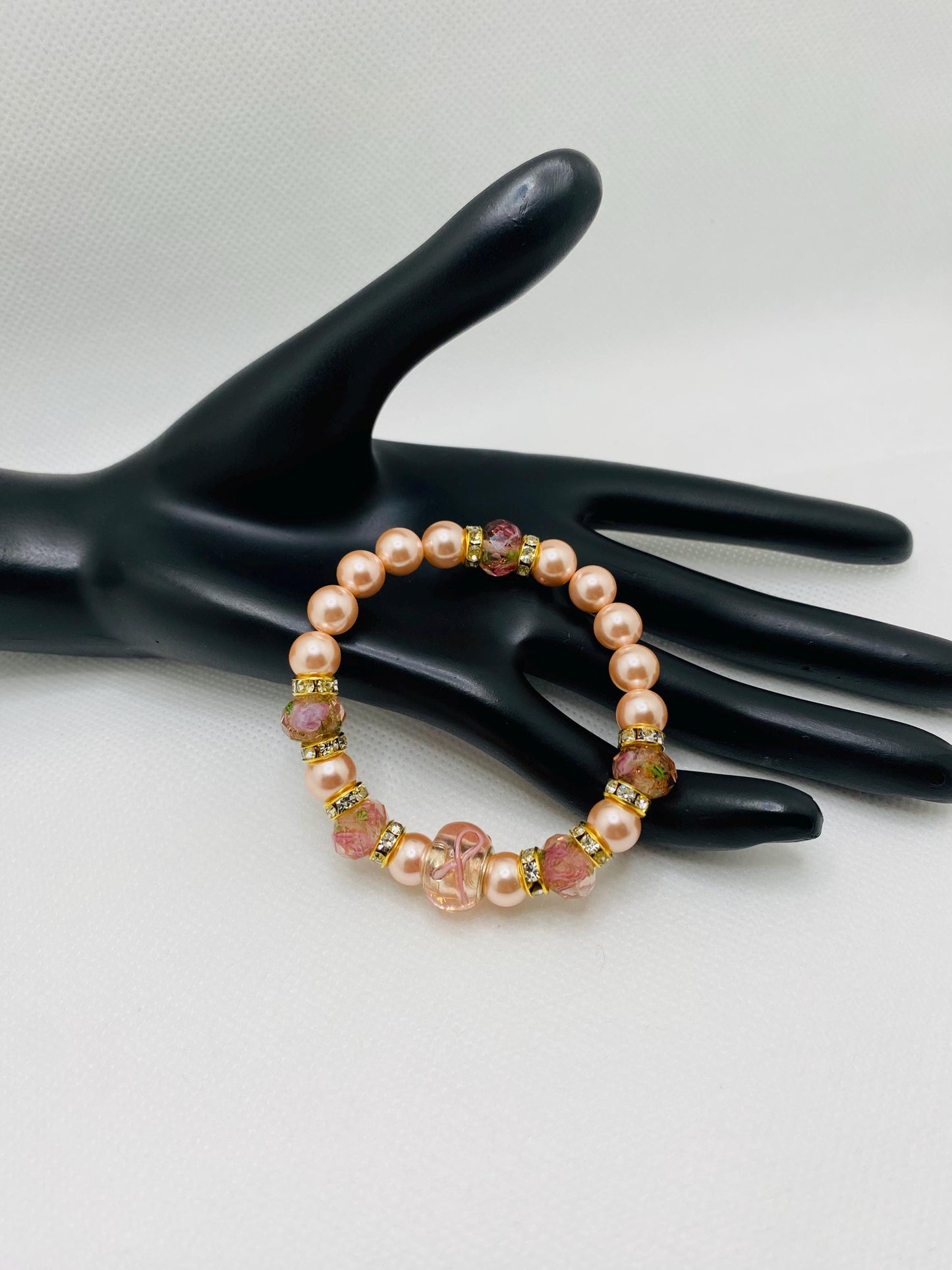 Pink Lampwork Glass & Mother of Pearl Bracelet: Rhinestone Rondelles