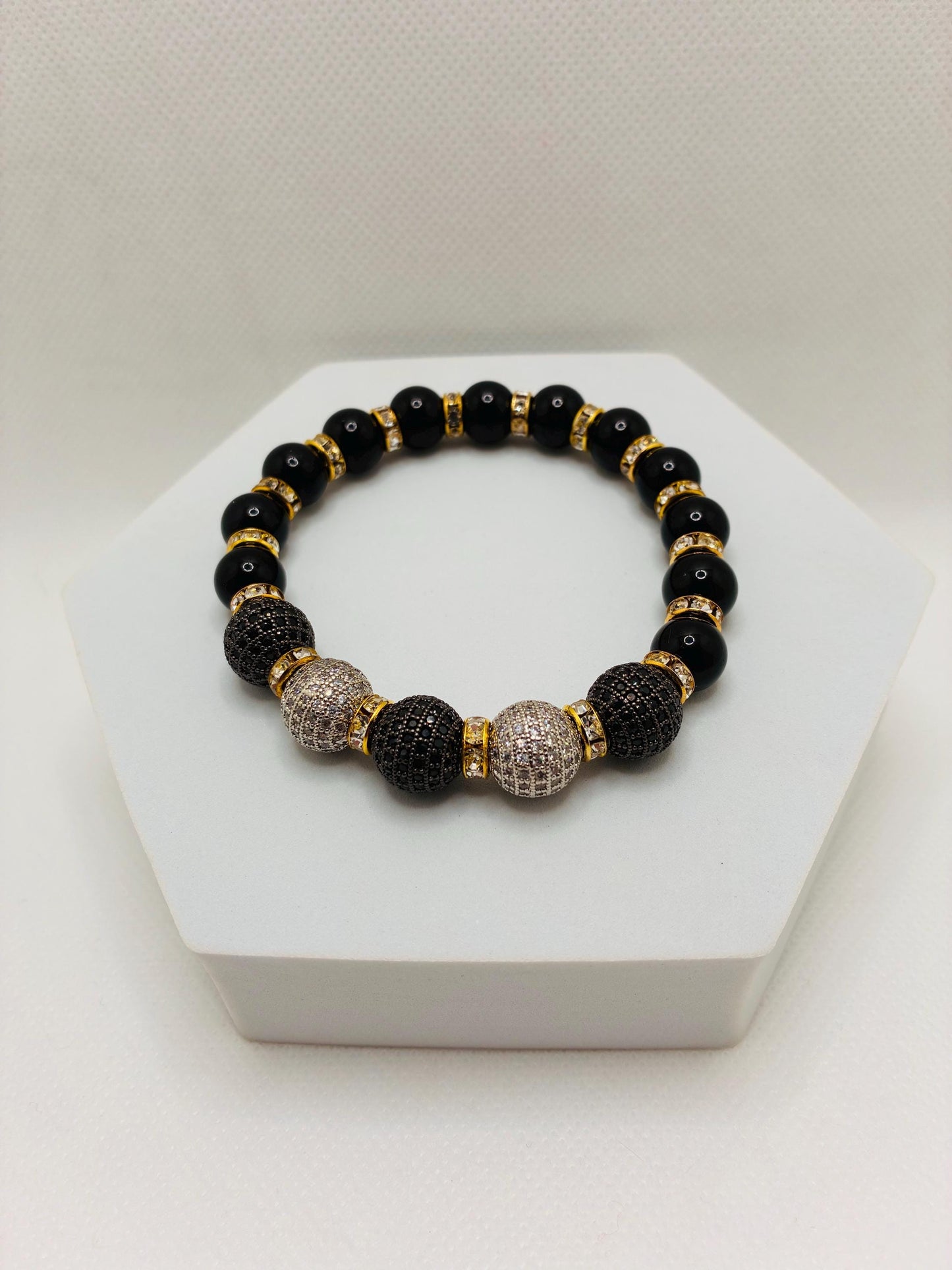 Black Onyx Bracelet with Brass Rhinestone & Zirconia Beads: Gold Plated Rondelles