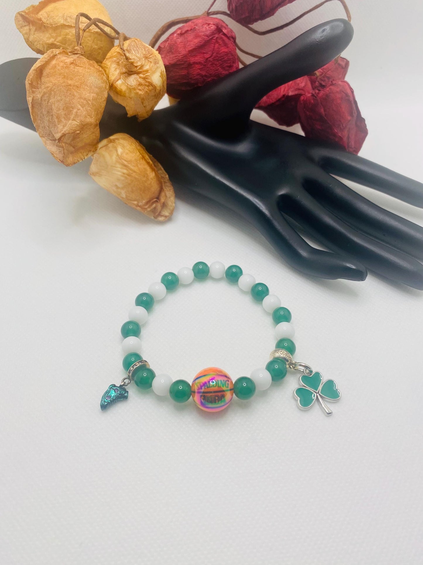 Boston Celtics Jade Beaded Bracelet with Basketball Bead & Clover Charm