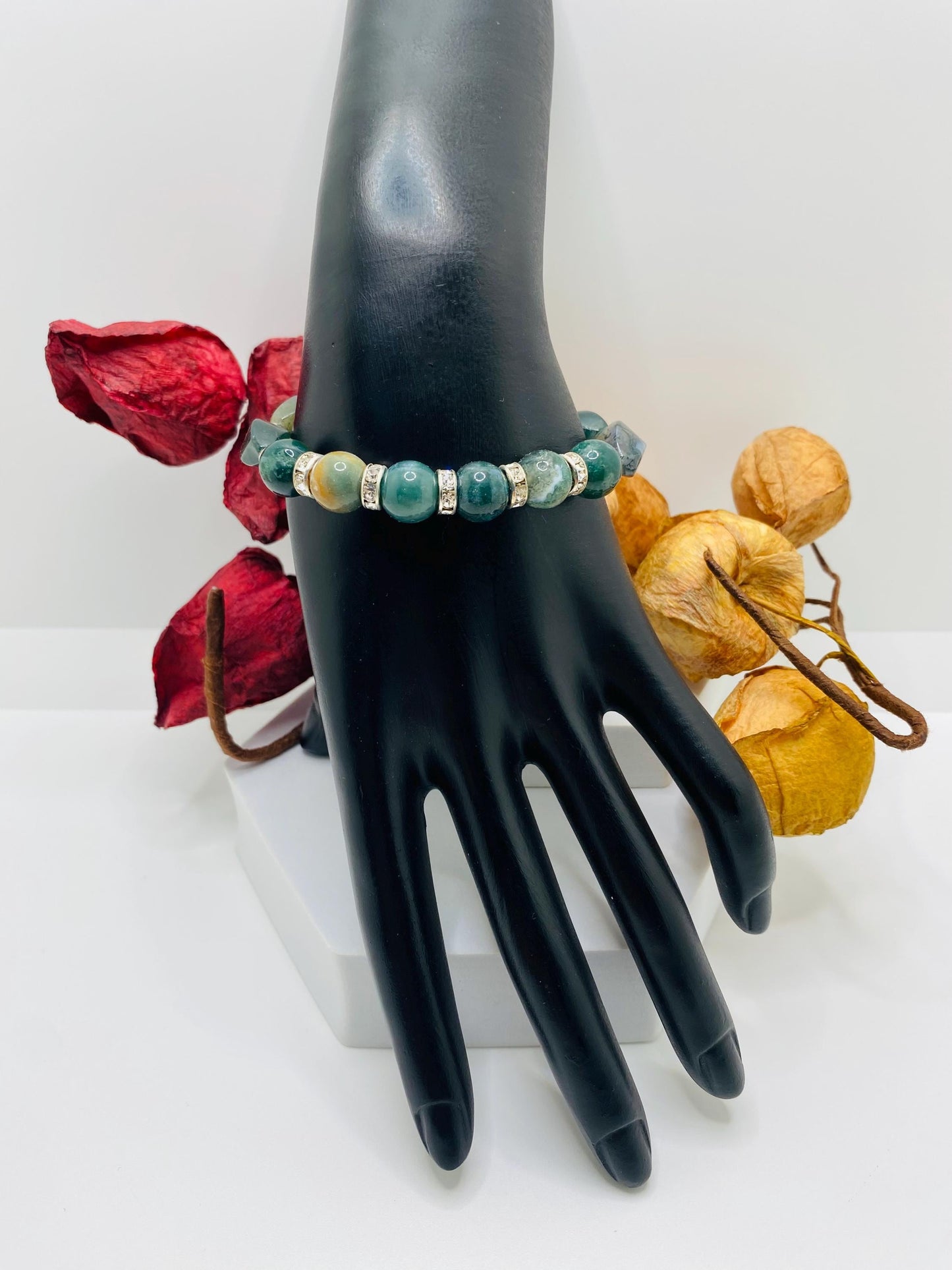 Moss Agate Beaded Bracelet: Gemstone Jewelry with Rhinestone Accents