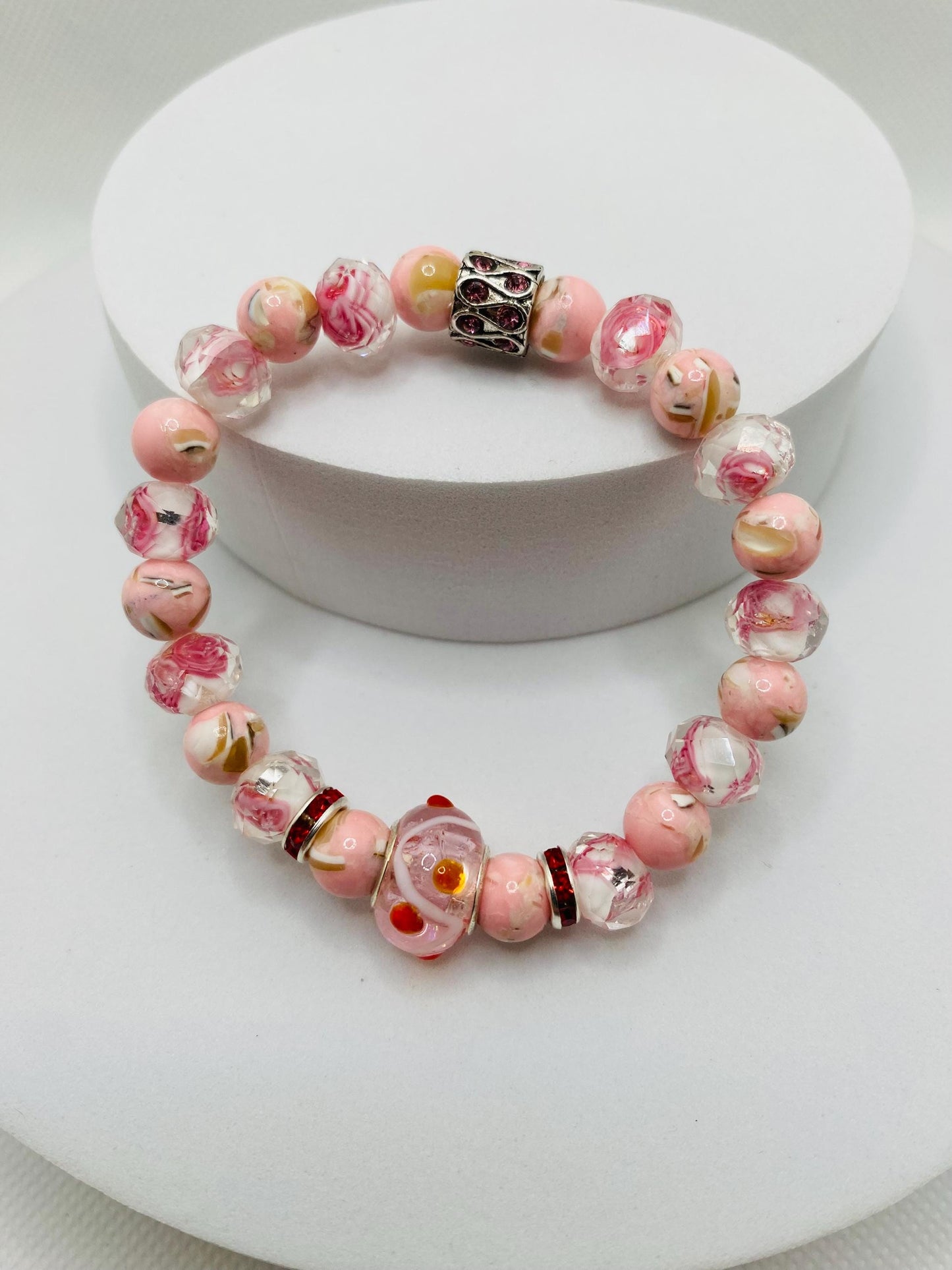 Pink Lampwork Glass Bead Bracelet: Floral Trochus Turquoise