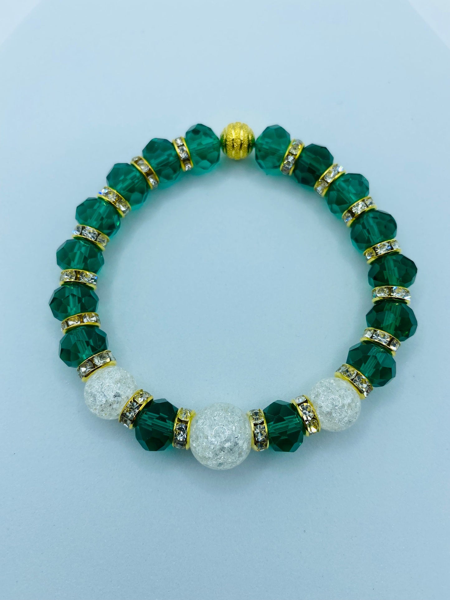 Emerald Green Crystal Bracelet: Crackle Quartz & Rhinestone Rondelles