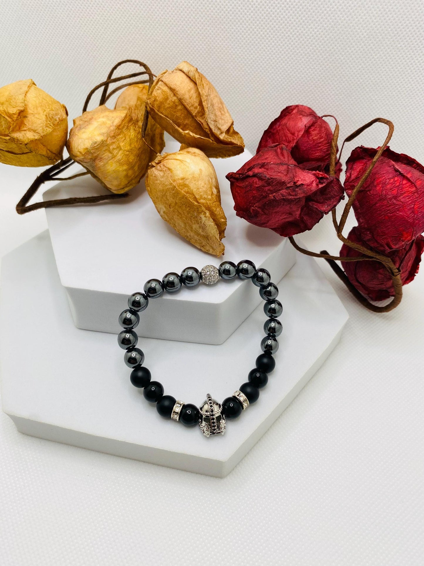 Mens Jewelry Silver Spartan Helmet Bracelet with black Onyx & Hematite Gemstone Beads - Medieval Jewelry