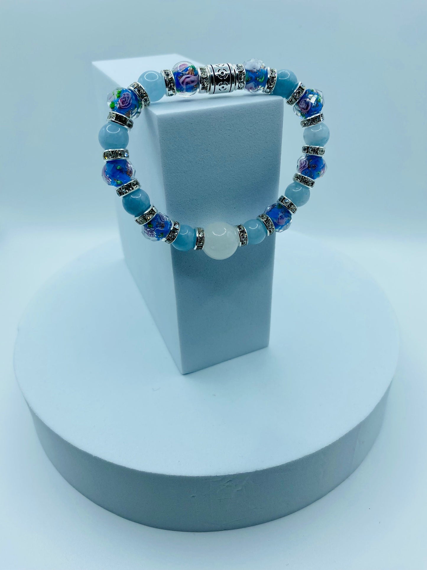 Aquamarine Bracelet: Lampwork Floral Glass Beads, Chalcedony Stone