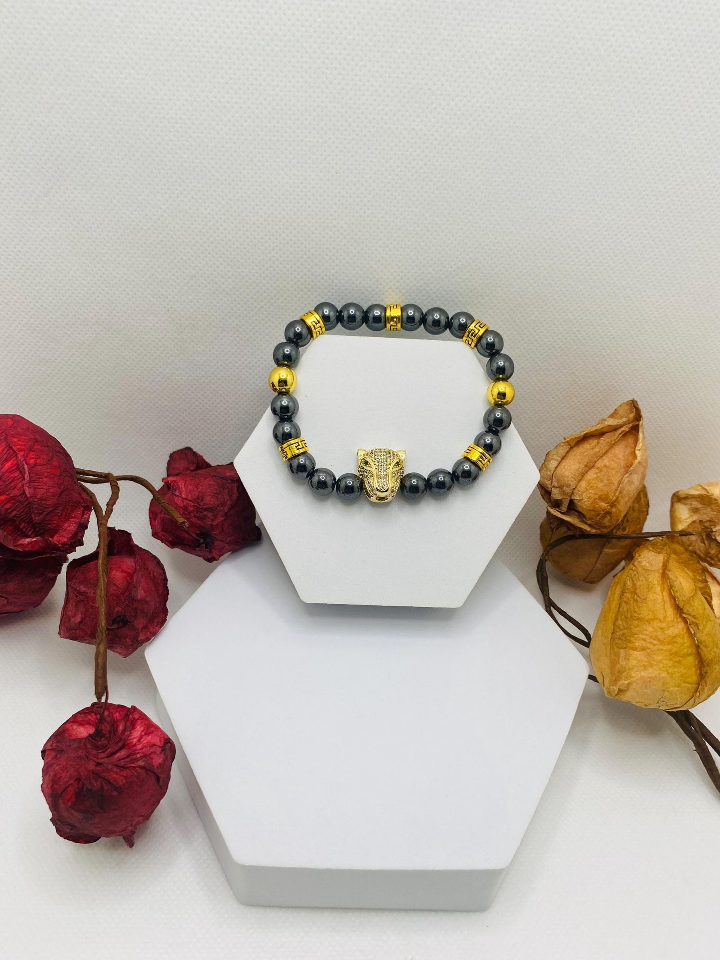 Black Hematite Bracelet: Gold Panther Bead Charm, Unisex Jewelry