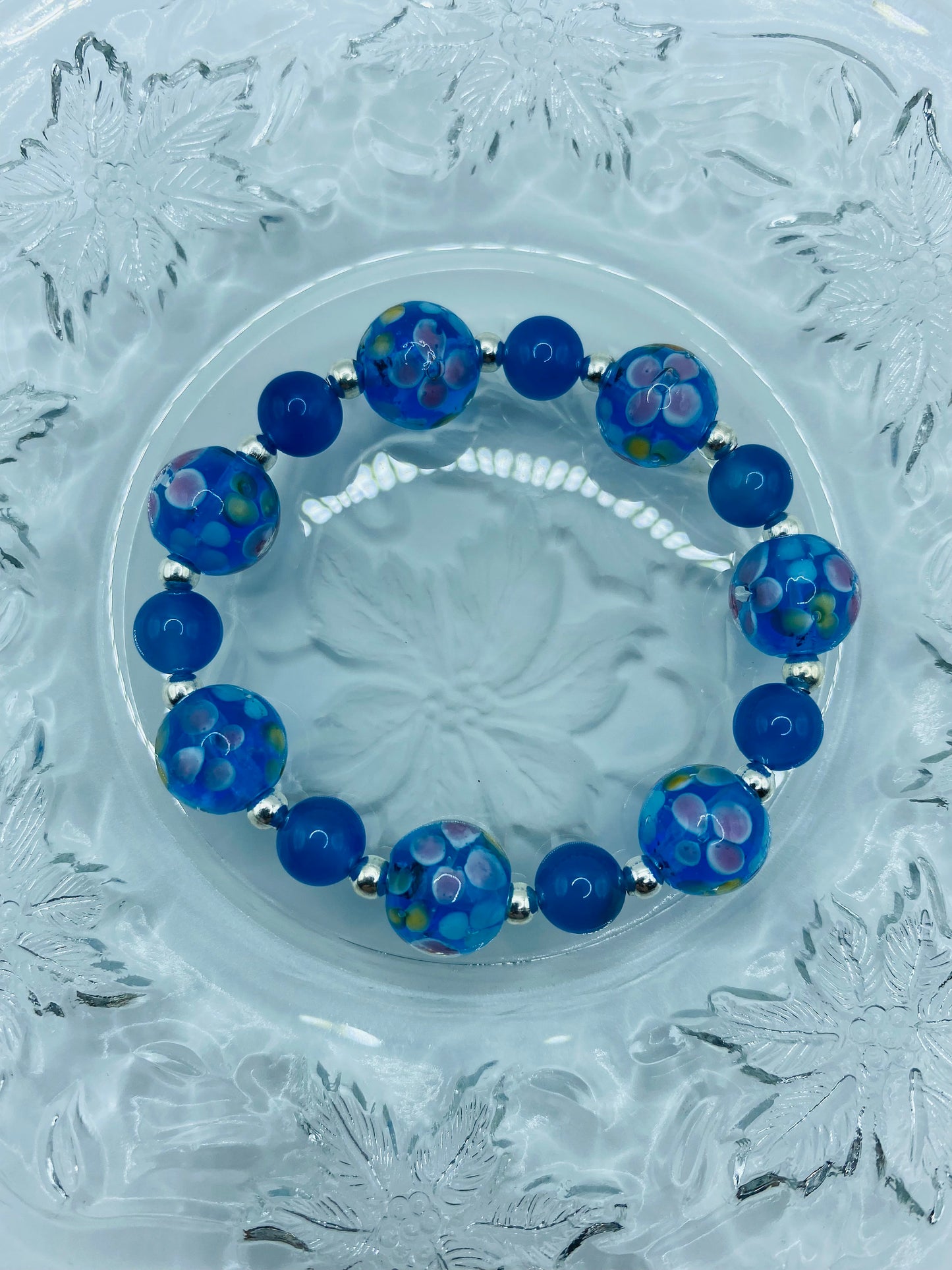 Blue Lace Agate Bracelet: Lampwork Floral Glass Beads, Silver Accents