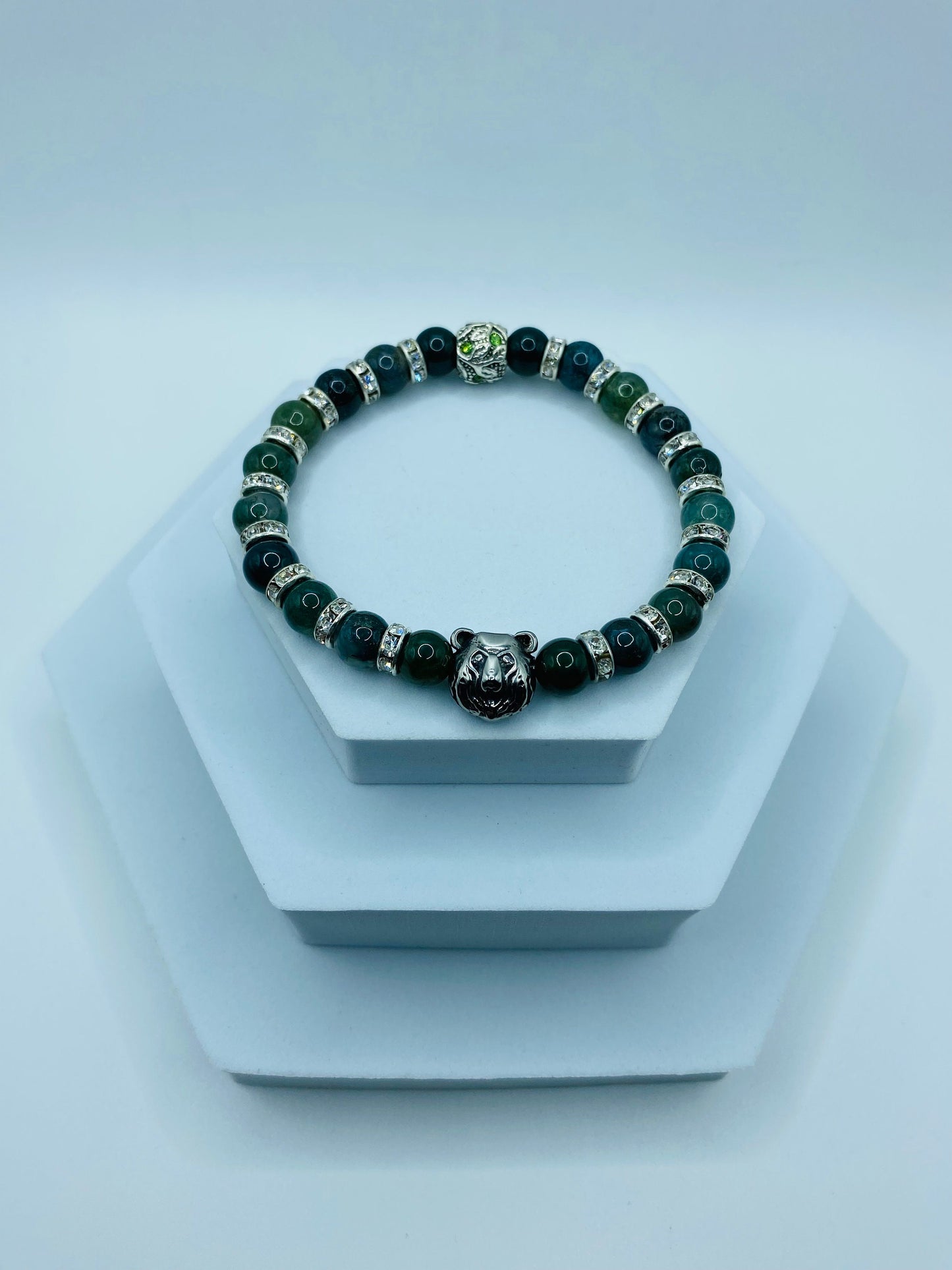 Mens Moss Agate Beaded Bracelet: Bear Charm, Rhinestone Spacers