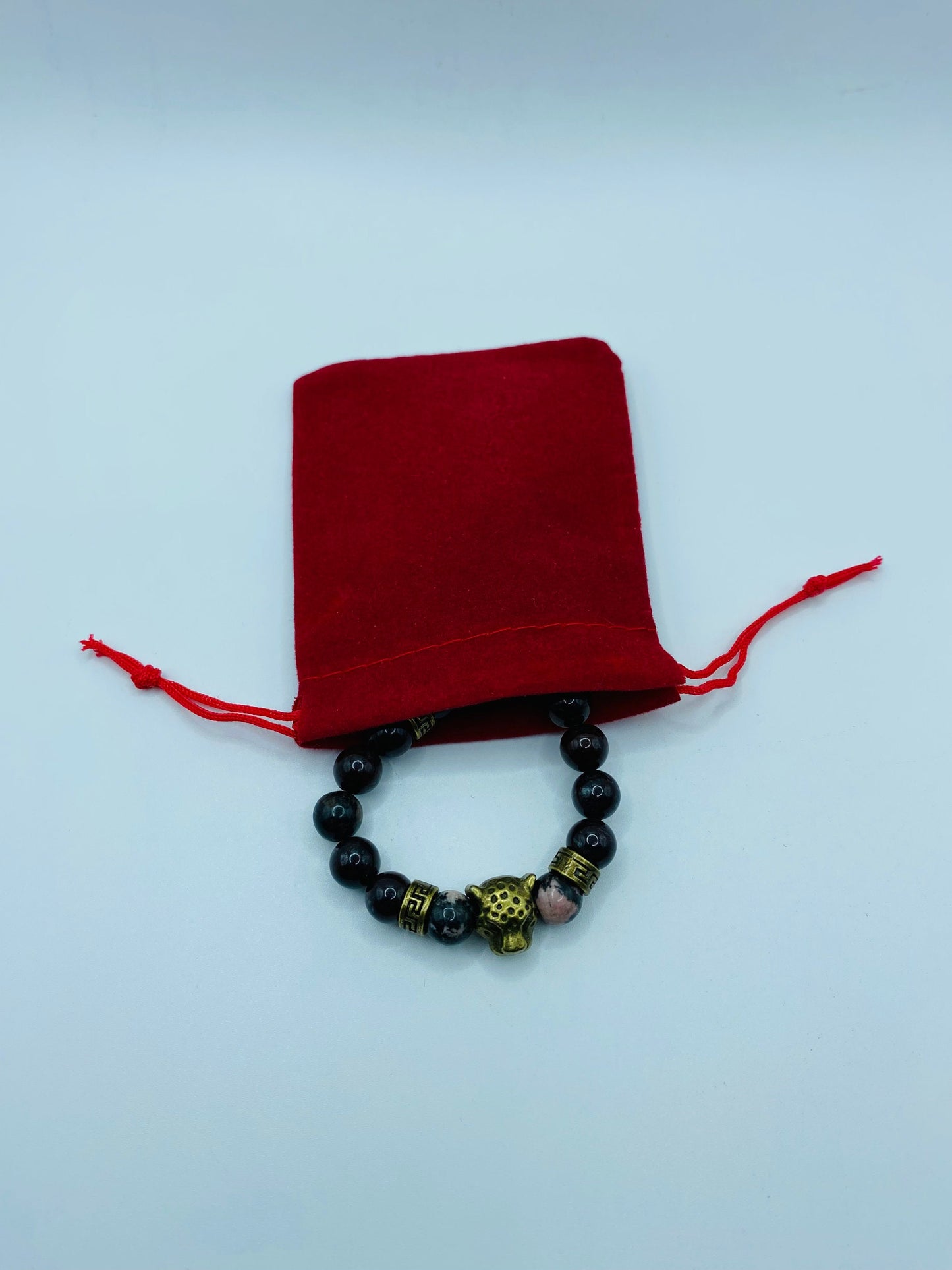 Mens Leopard Charm Bracelet: Bronzite Gemstone Beads, Tibetan Spacers