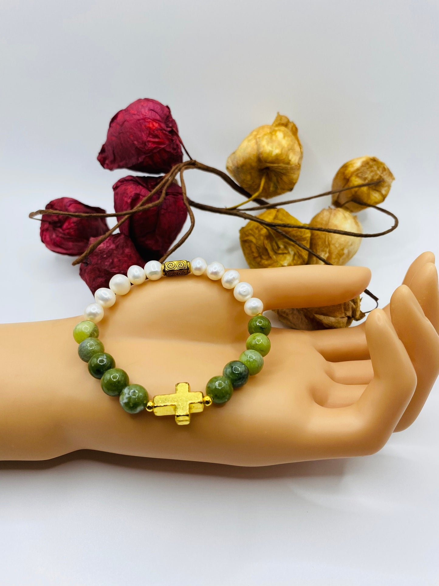Jade & Pearl Bracelet: Gold Cross Charm, Gemstone Beaded Jewelry